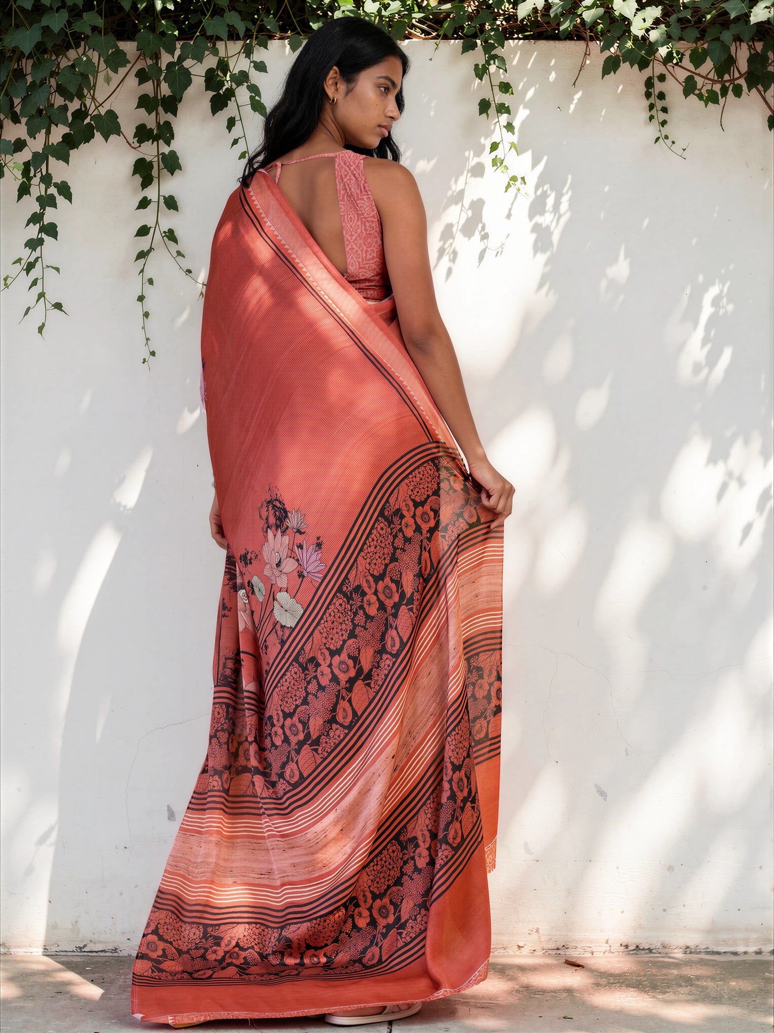 Coral Orange Ethnic Motif Satin Georgette Saree