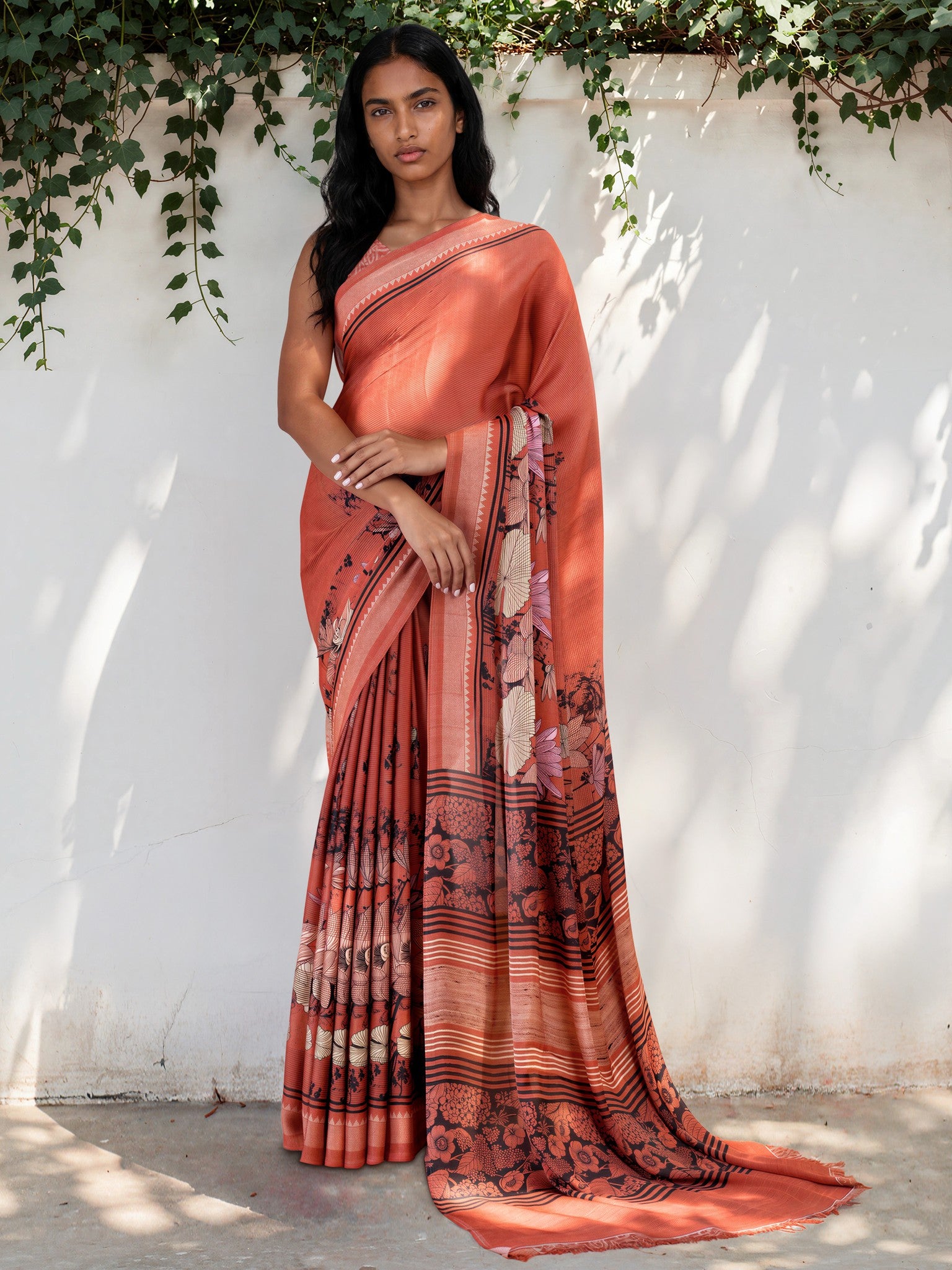 Coral Orange Ethnic Motif Satin Georgette Saree
