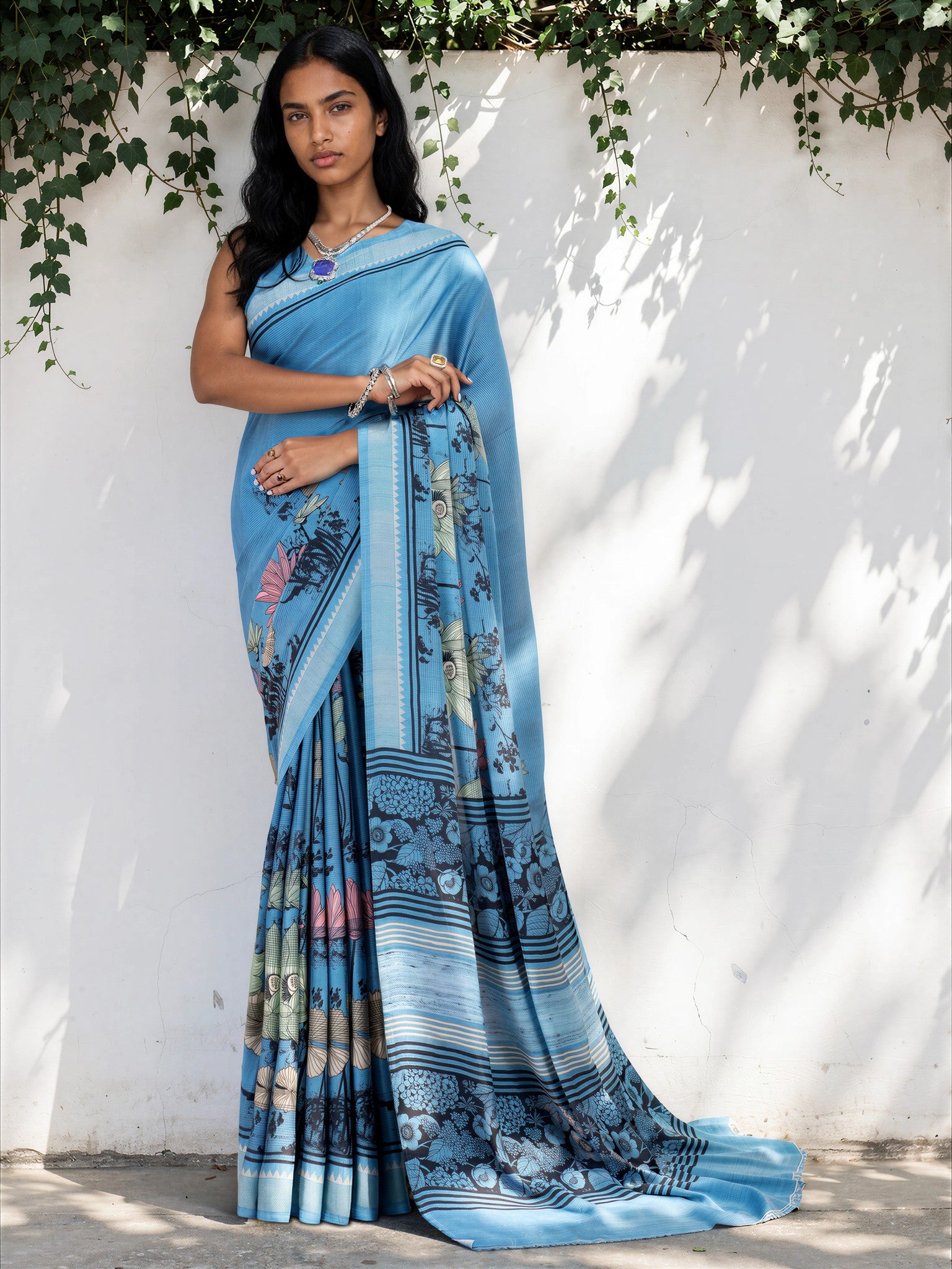 Royal Blue Ethnic Motif Satin Georgette Saree