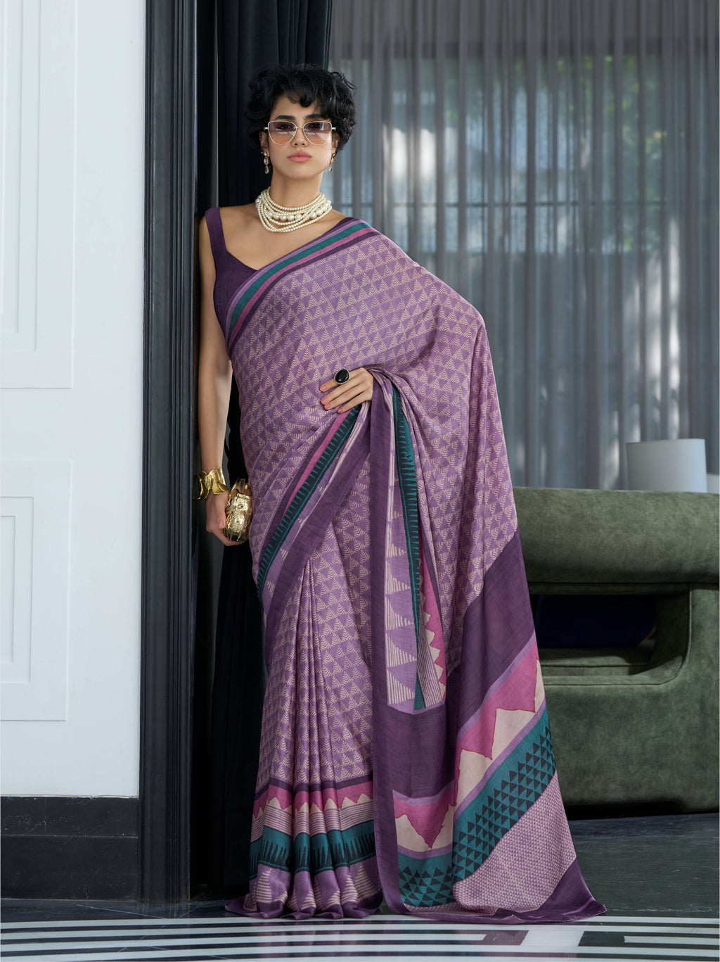 Dusty Mauve Geometric Satin Georgette Saree