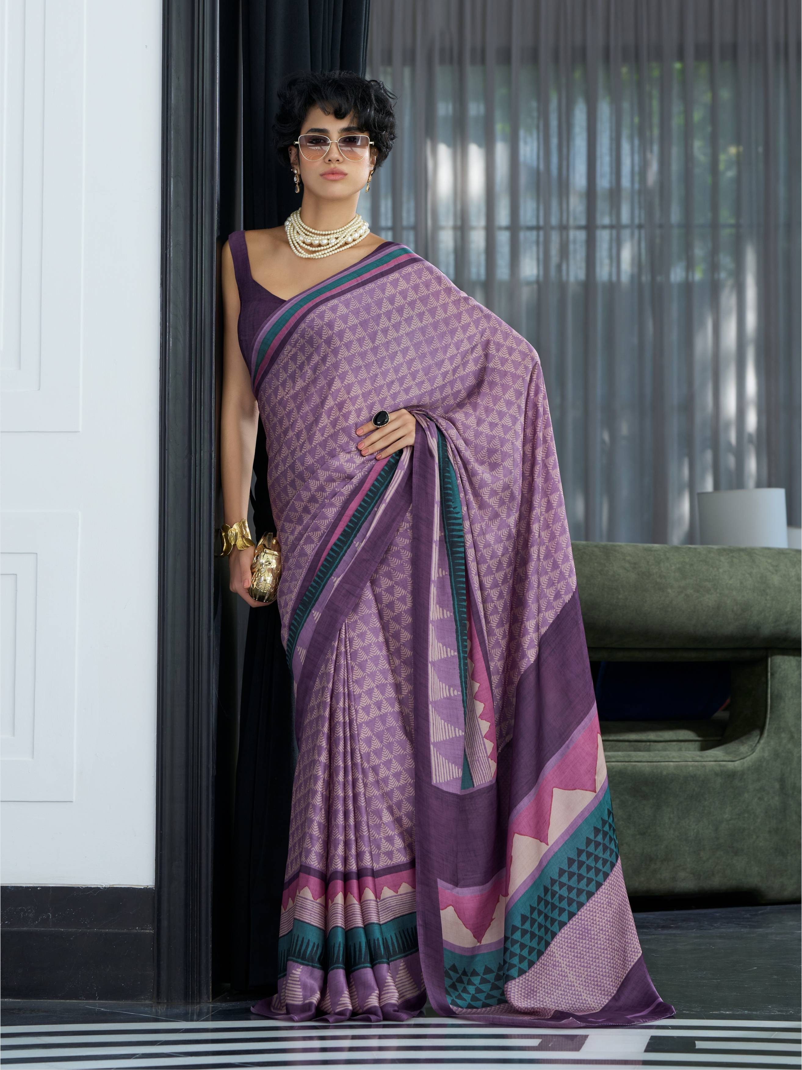 Dusty Mauve Geometric Satin Georgette Saree