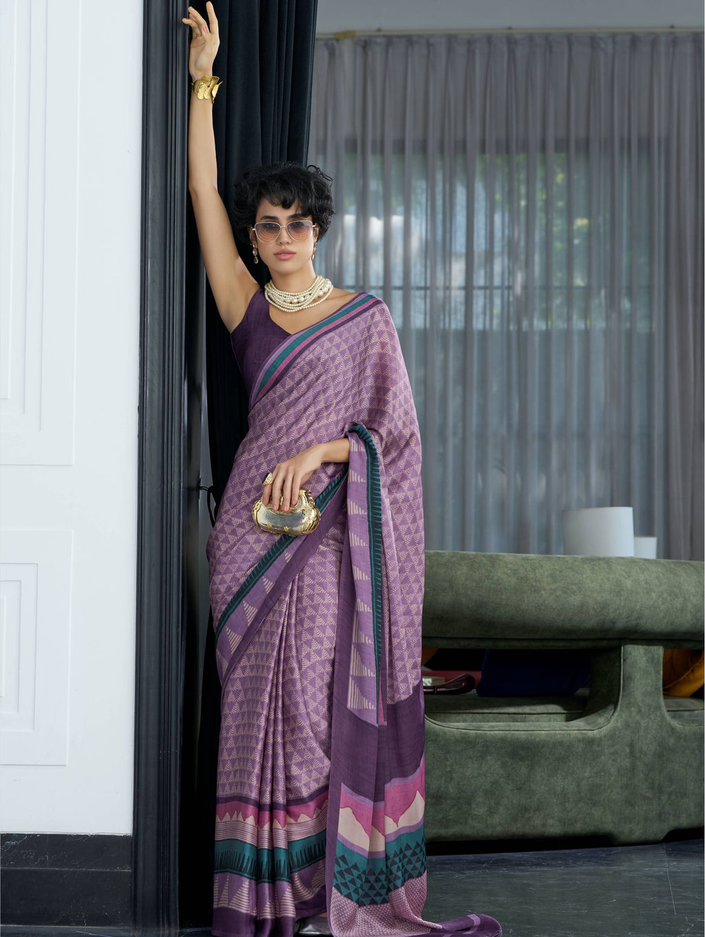Dusty Mauve Geometric Satin Georgette Saree