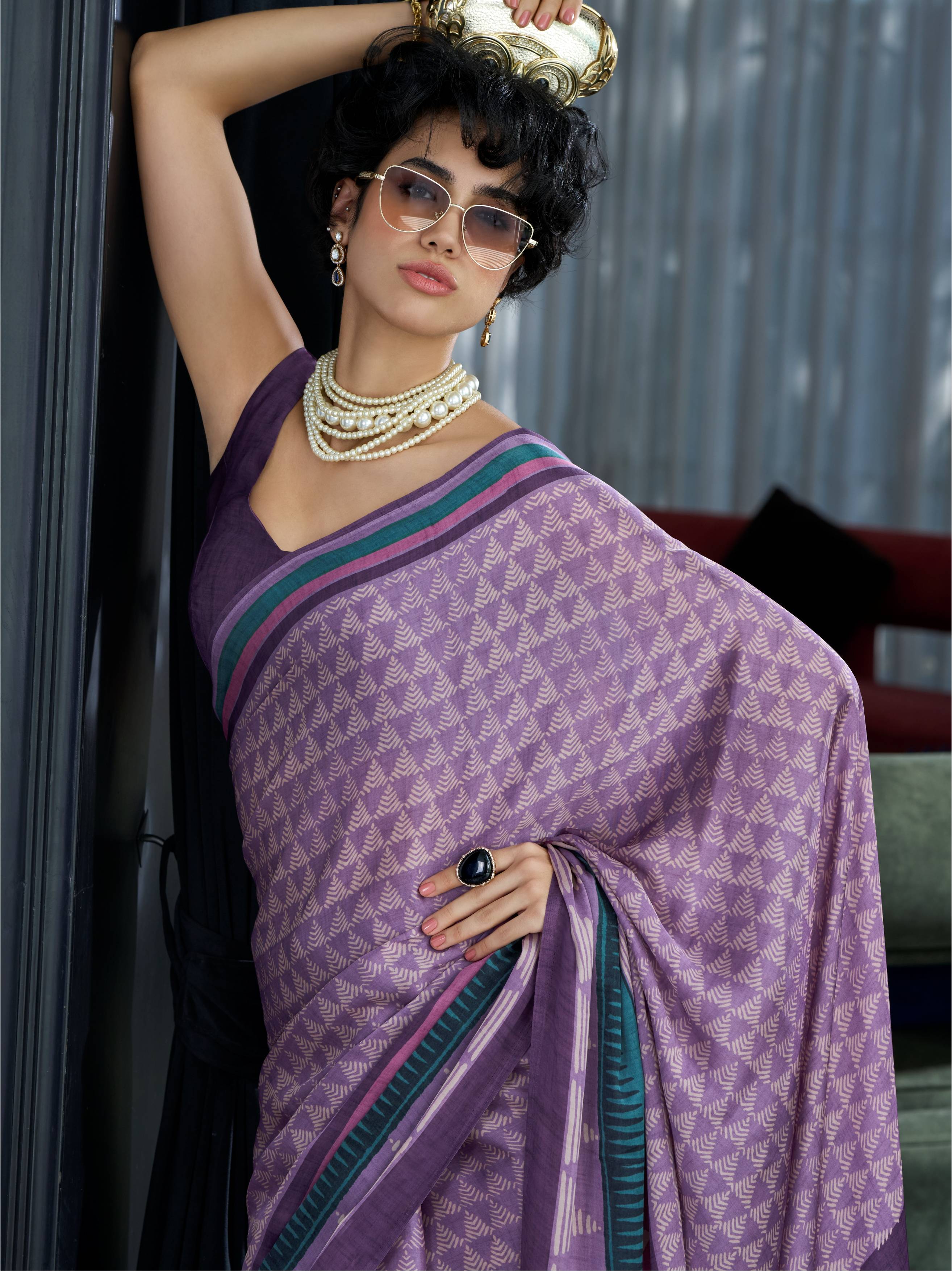 Dusty Mauve Geometric Satin Georgette Saree