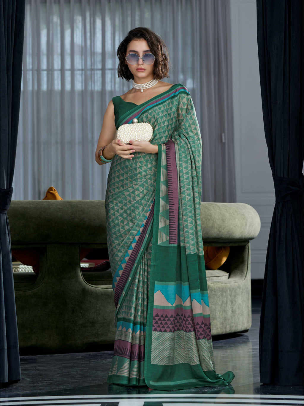 Olive Green Geometric Satin Georgette Saree
