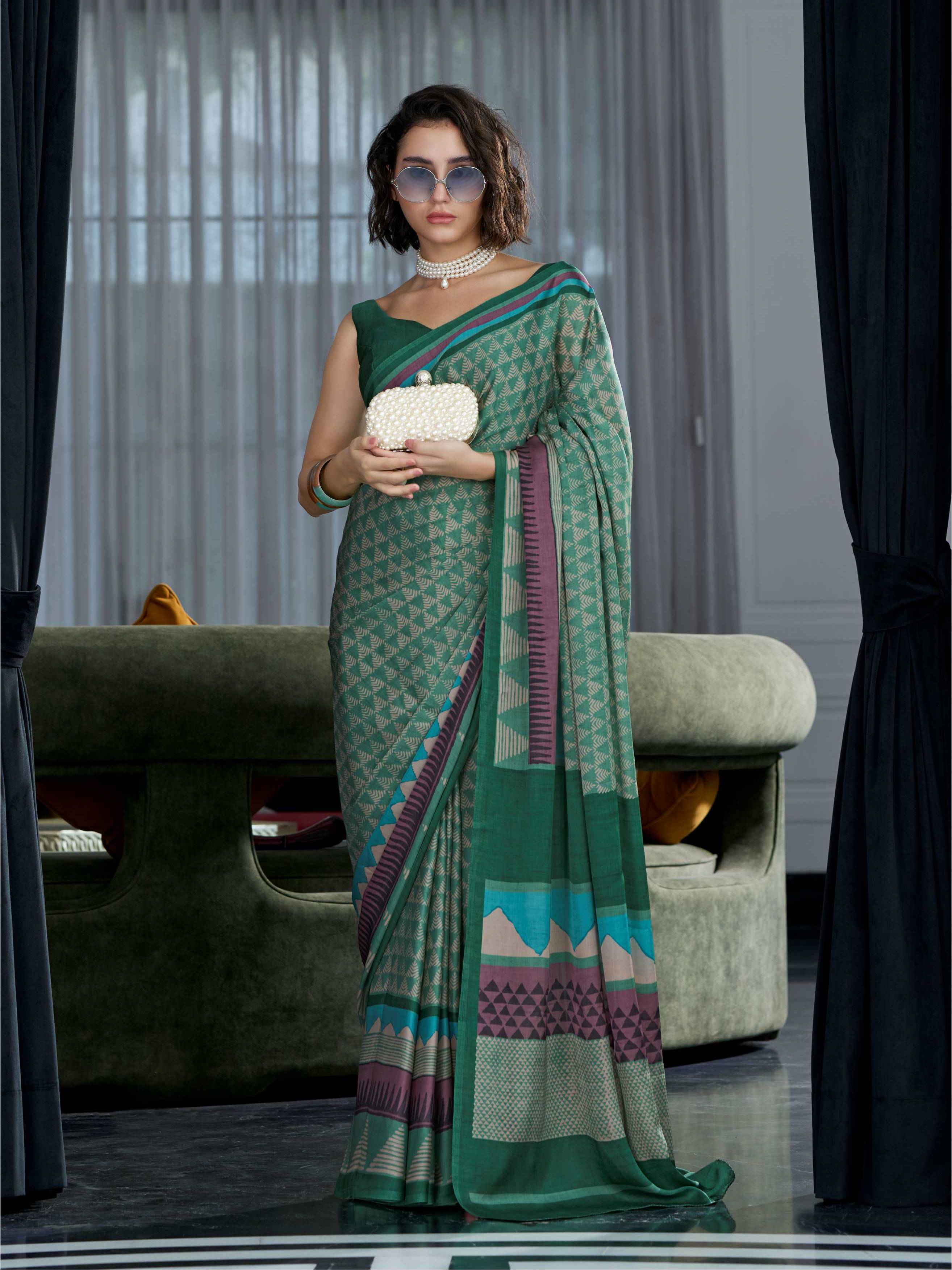 Olive Green Geometric Satin Georgette Saree