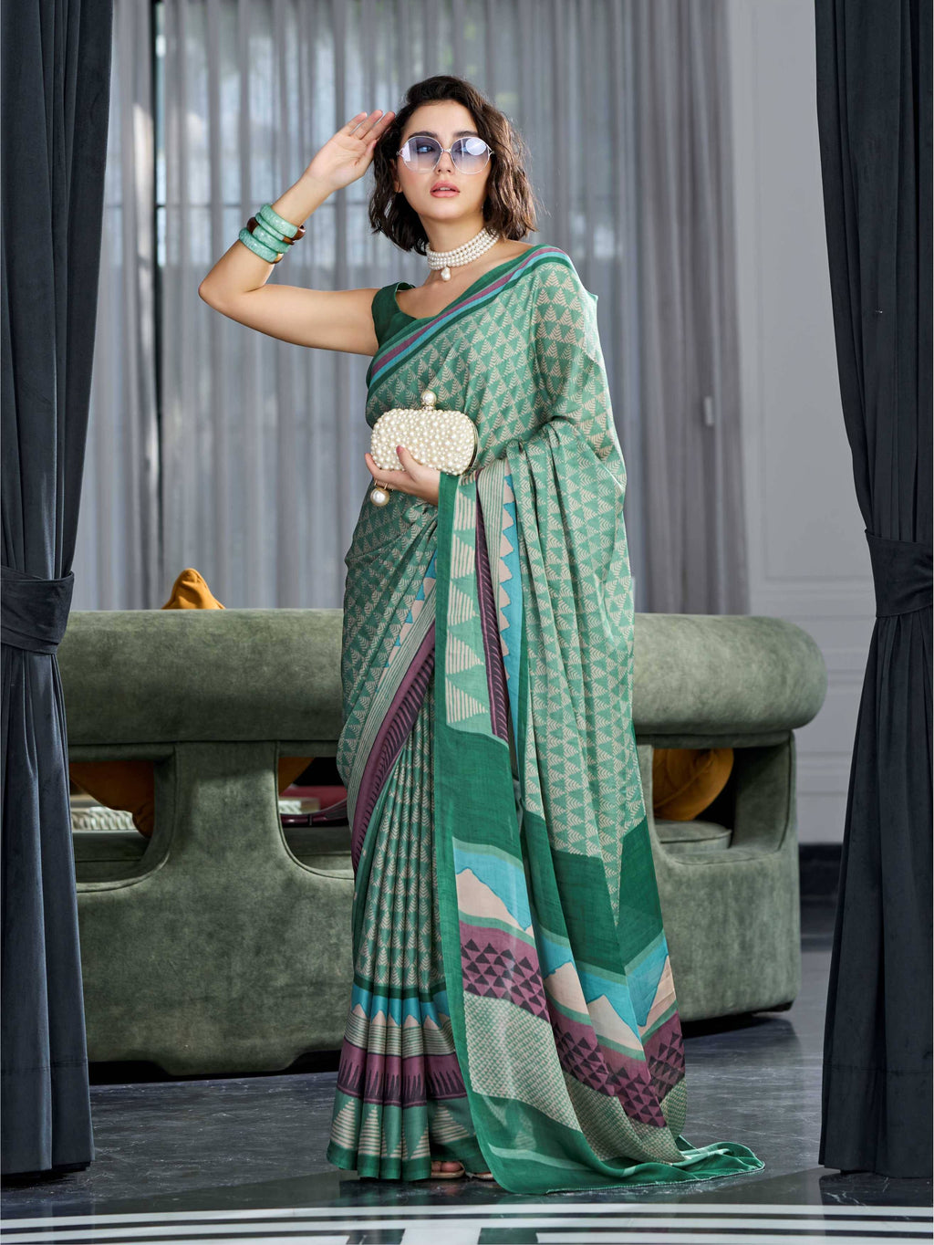 Olive Green Geometric Satin Georgette Saree