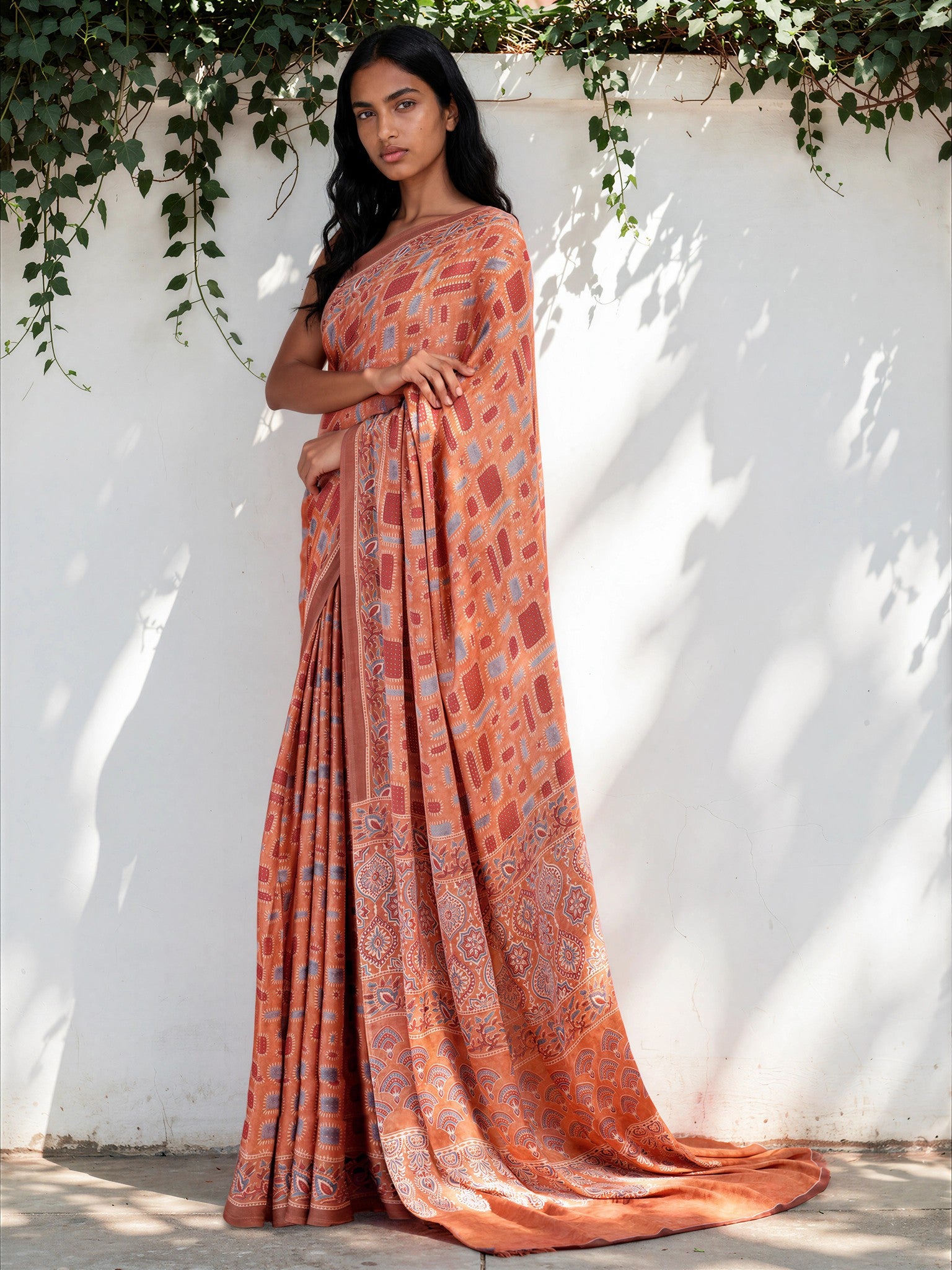 Peach Pink Ethnic Motif Satin Georgette Saree