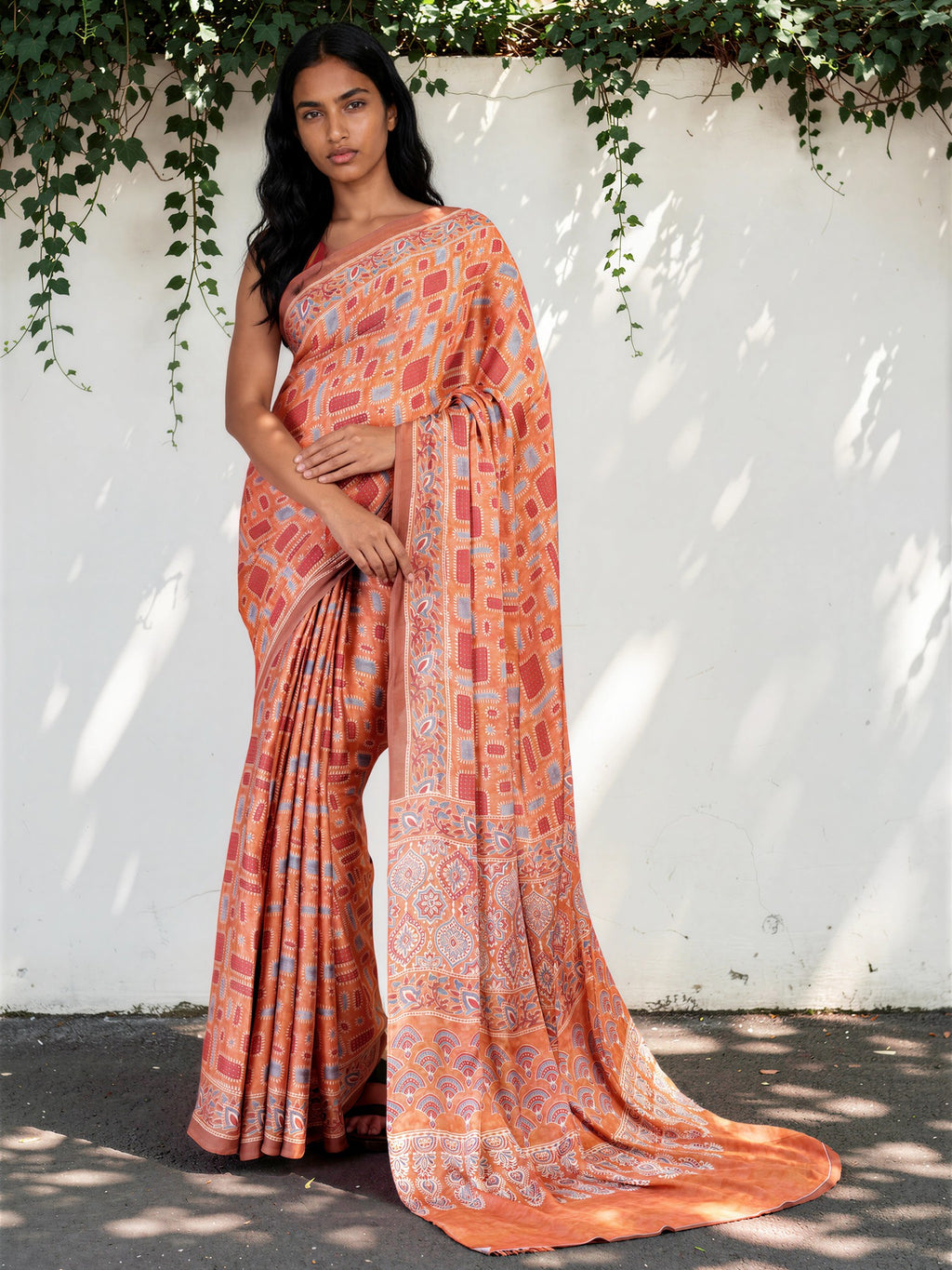 Peach Pink Ethnic Motif Satin Georgette Saree