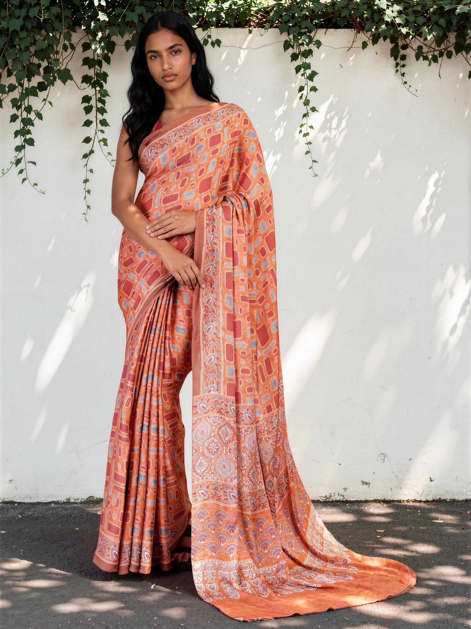 Peach Pink Ethnic Motif Satin Georgette Saree