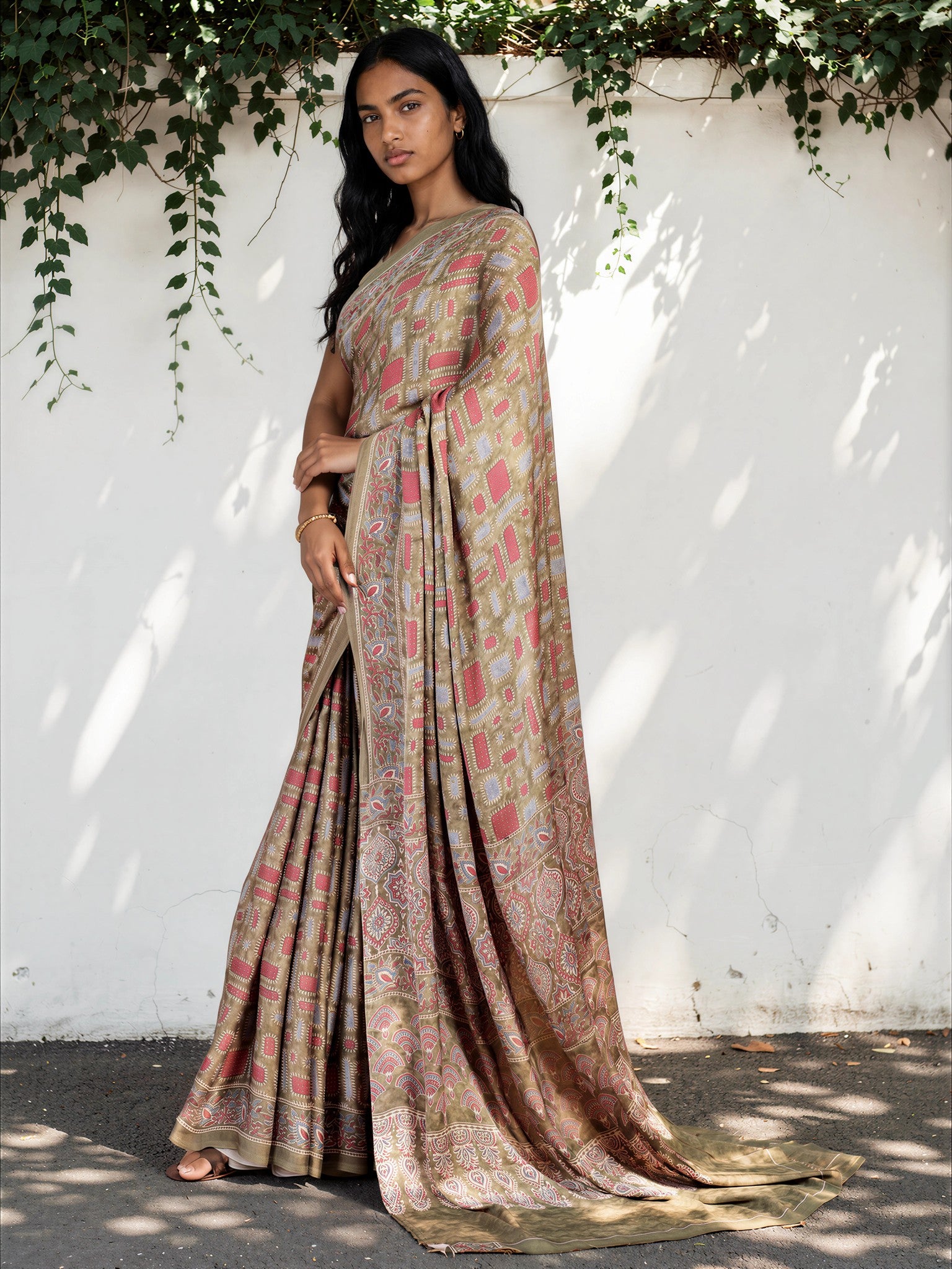 Beige Gold Ethnic Motif Satin Georgette Saree