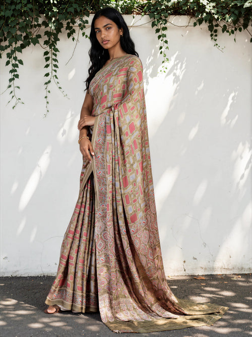 Beige Gold Ethnic Motif Satin Georgette Saree