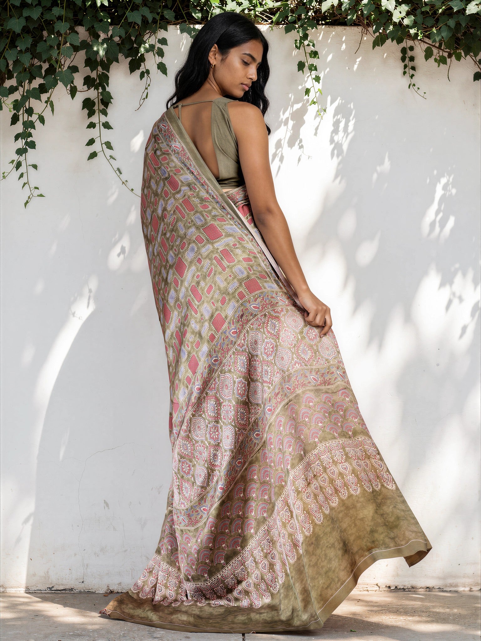 Beige Gold Ethnic Motif Satin Georgette Saree