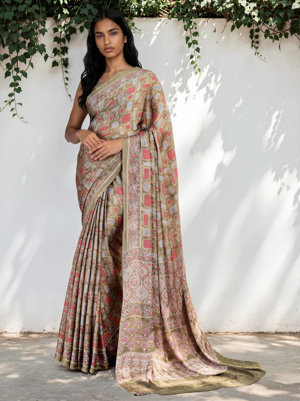 Beige Gold Ethnic Motif Satin Georgette Saree