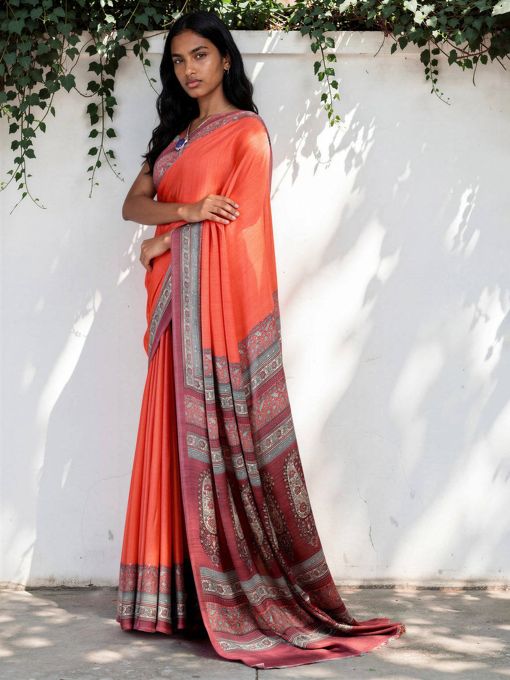 Bright Orange Ethnic Motif Satin Georgette Saree
