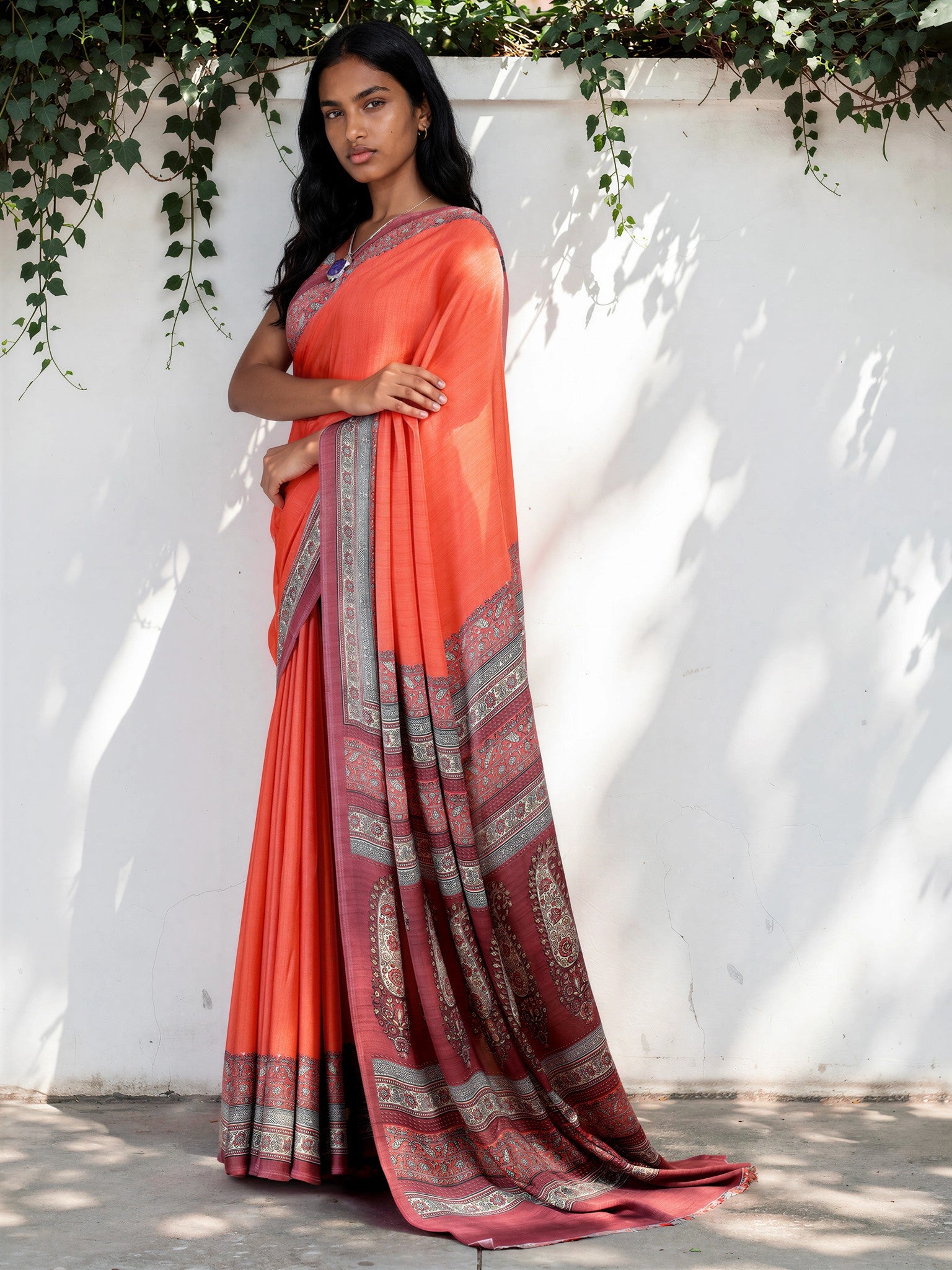 Bright Orange Ethnic Motif Satin Georgette Saree