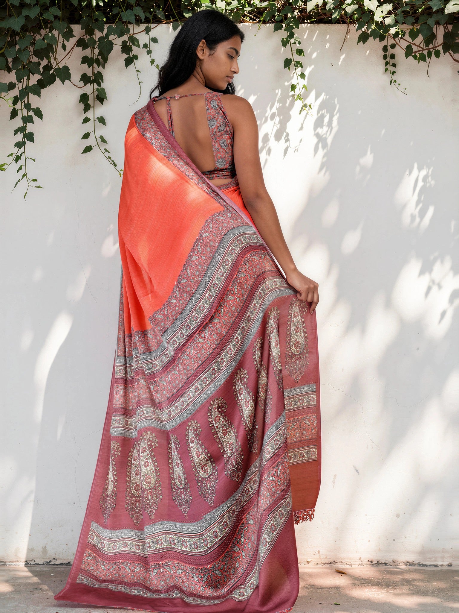 Bright Orange Ethnic Motif Satin Georgette Saree