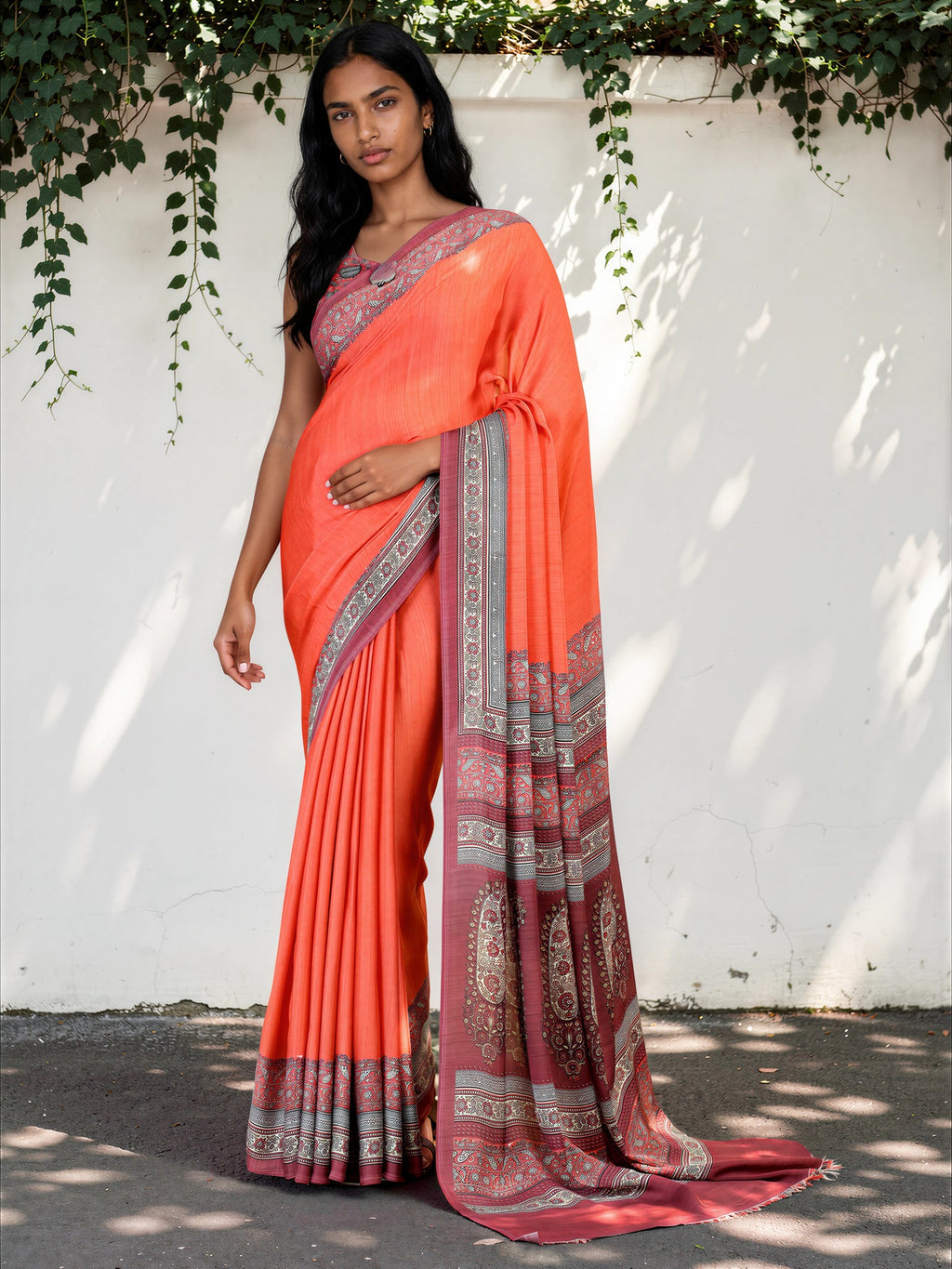 Bright Orange Ethnic Motif Satin Georgette Saree