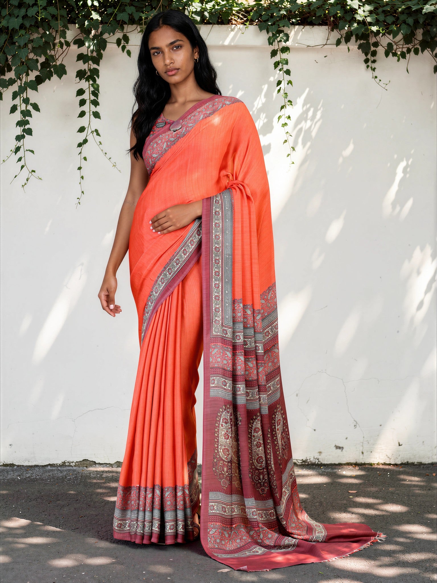 Bright Orange Ethnic Motif Satin Georgette Saree