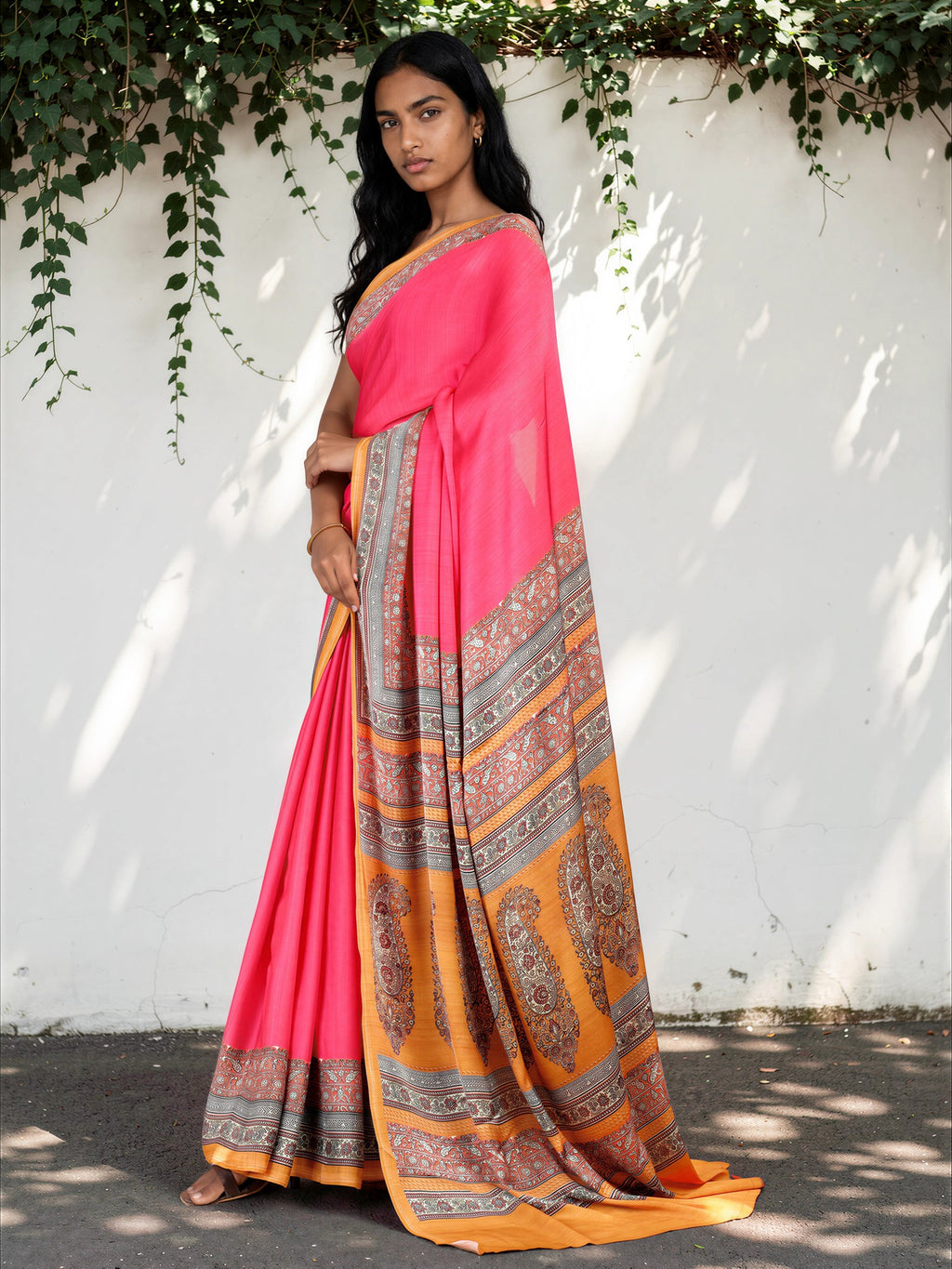 Hot Pink Ethnic Motif Satin Georgette Saree
