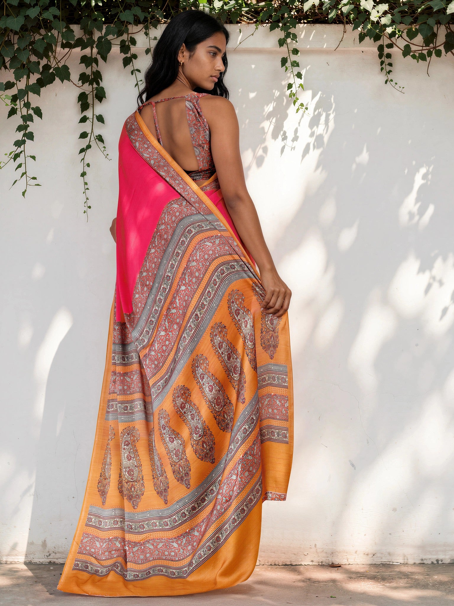 Hot Pink Ethnic Motif Satin Georgette Saree
