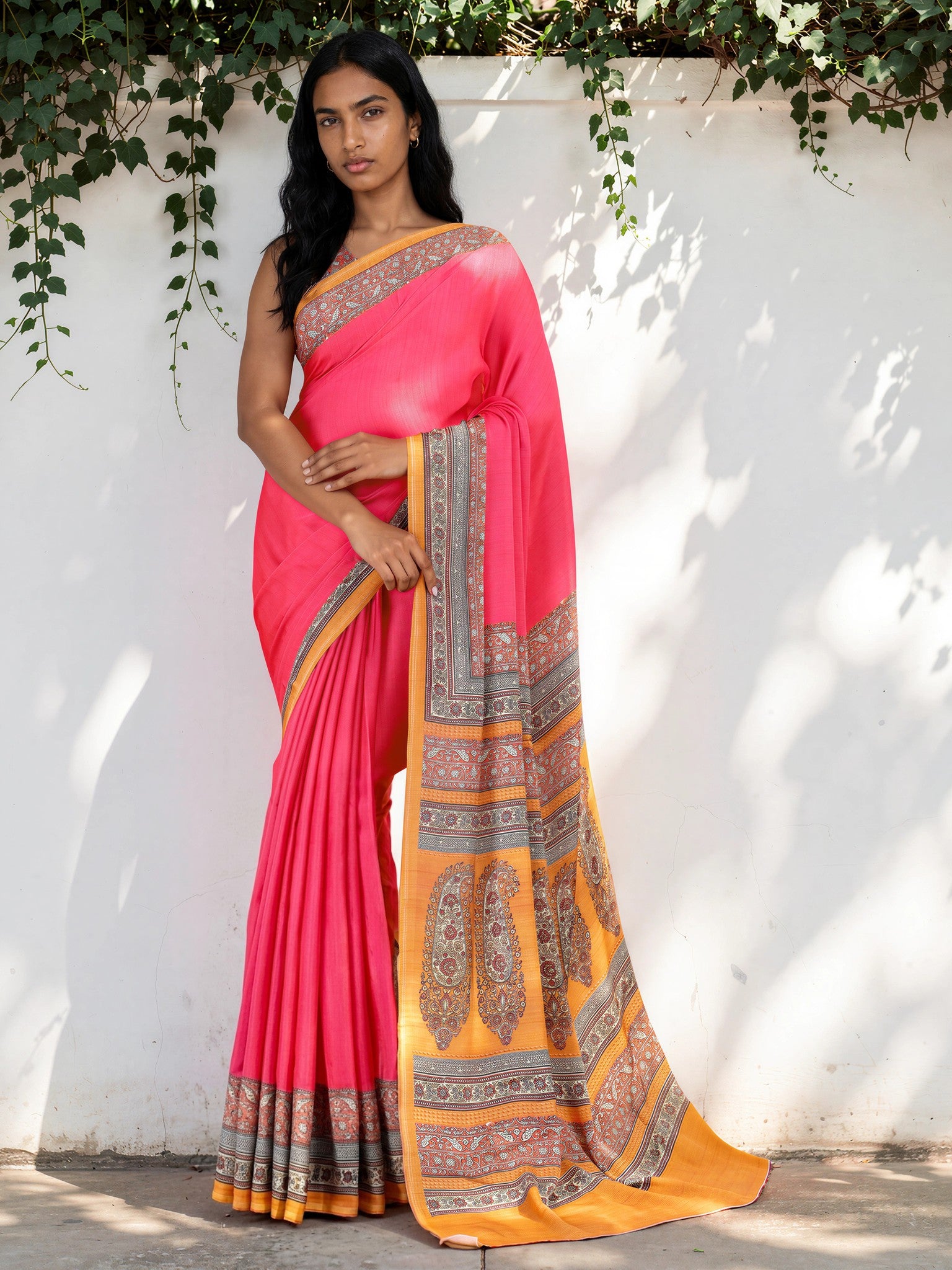 Hot Pink Ethnic Motif Satin Georgette Saree