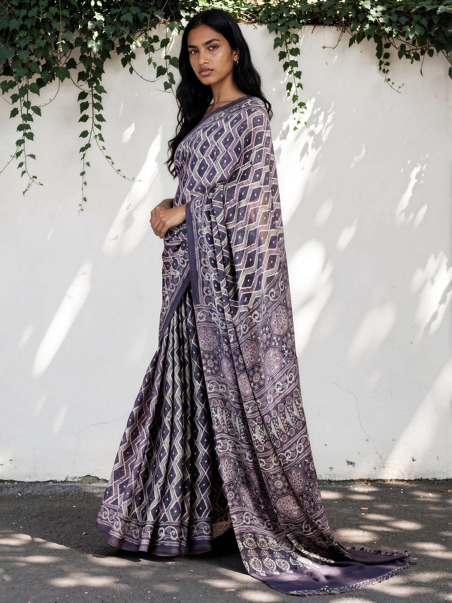 Dark Grey Ethnic Motif Satin Georgette Saree