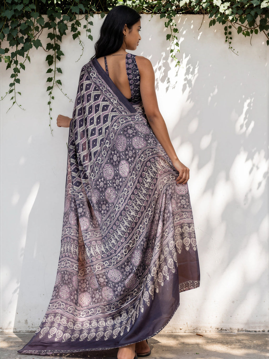 Dark Grey Ethnic Motif Satin Georgette Saree