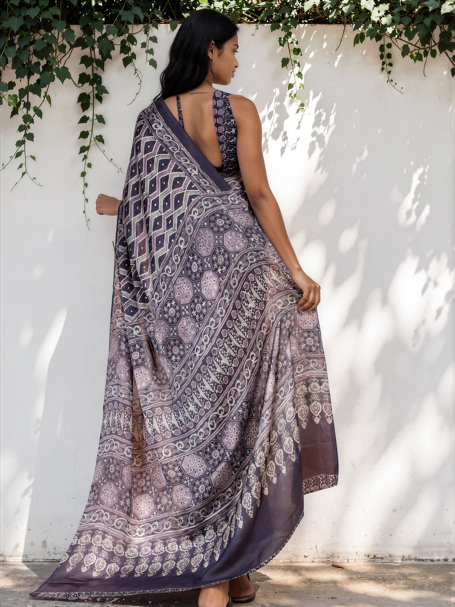 Dark Grey Ethnic Motif Satin Georgette Saree
