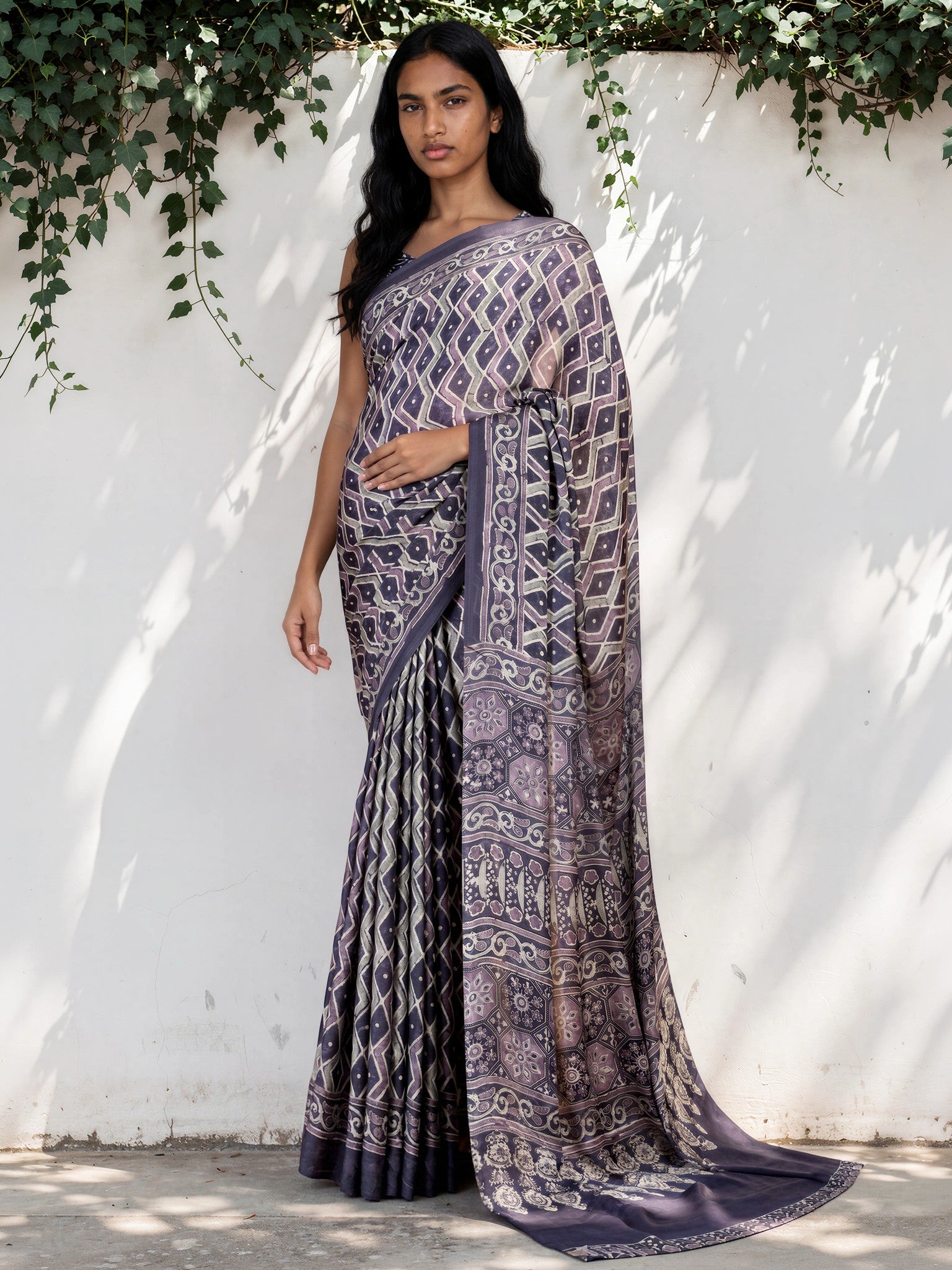 Dark Grey Ethnic Motif Satin Georgette Saree