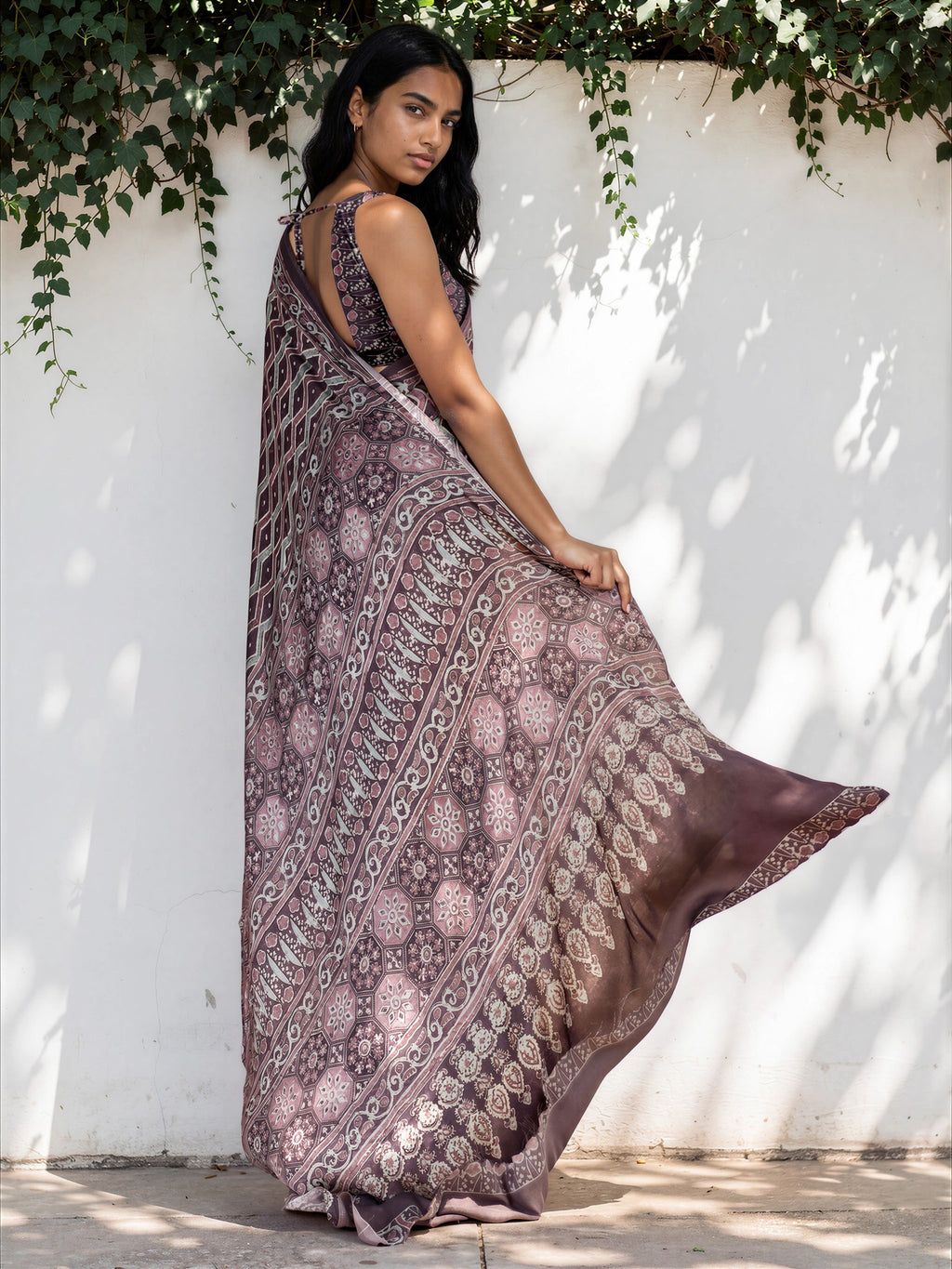 Steel Grey Ethnic Motif Satin Georgette Saree