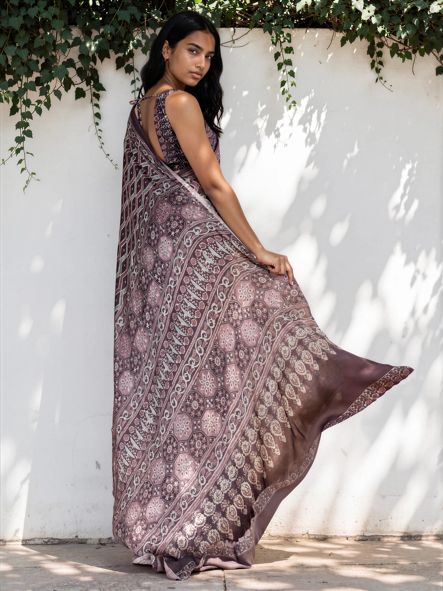 Steel Grey Ethnic Motif Satin Georgette Saree