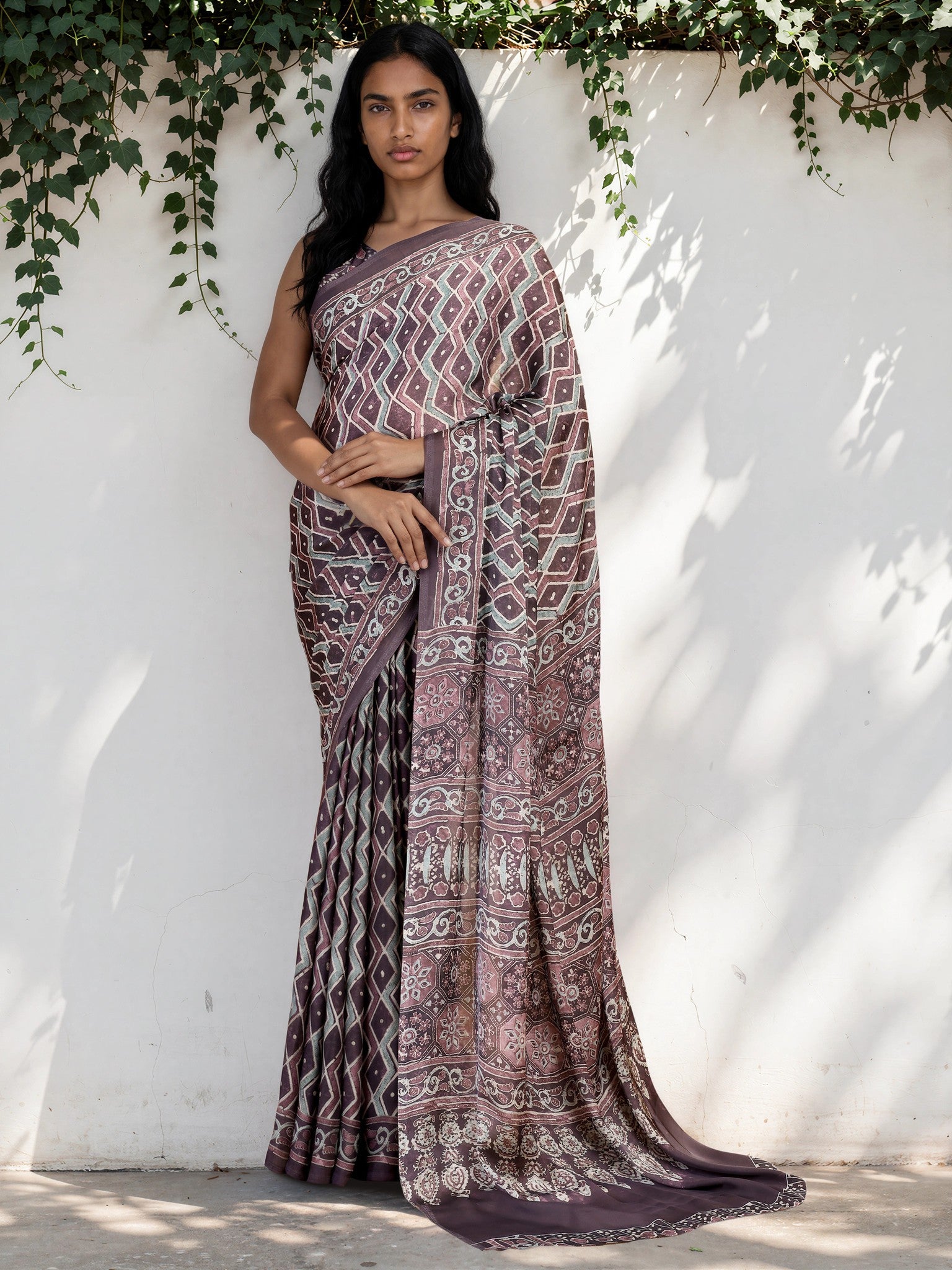 Steel Grey Ethnic Motif Satin Georgette Saree