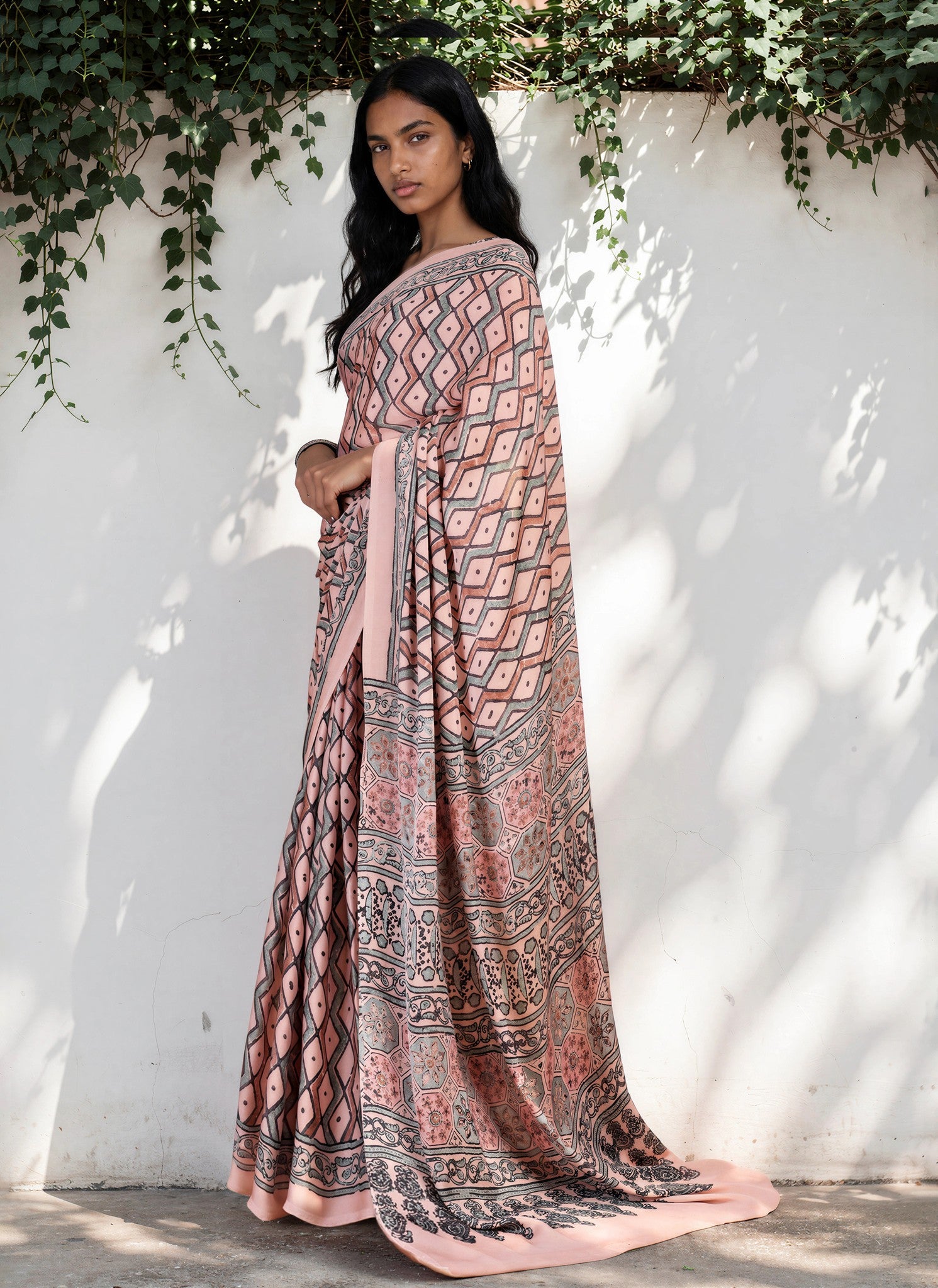 Taupe Brown Ethnic Motif Satin Georgette Saree