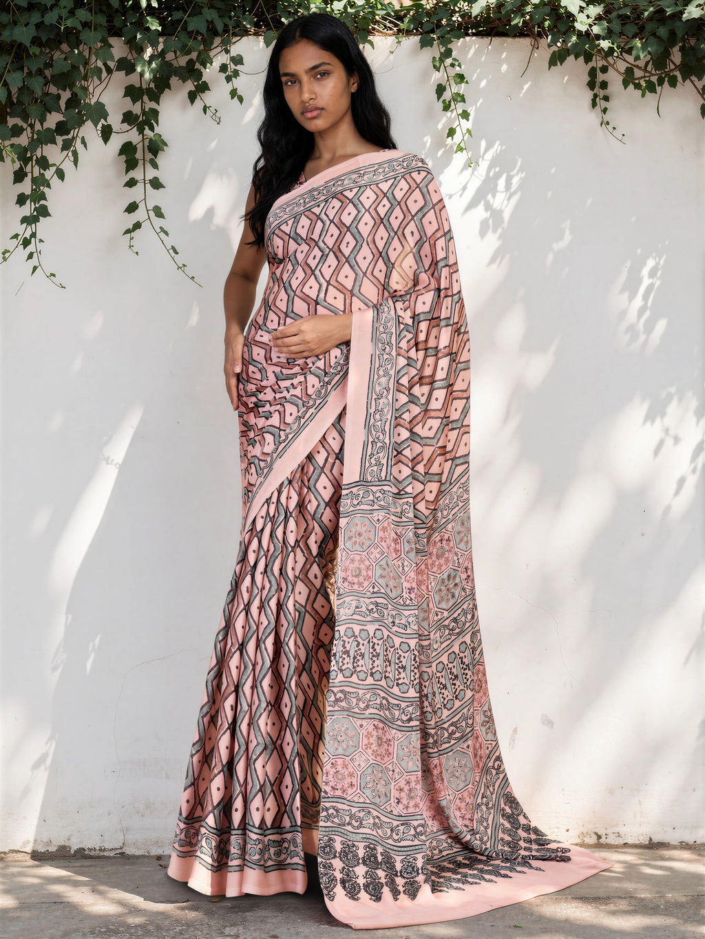Taupe Brown Ethnic Motif Satin Georgette Saree