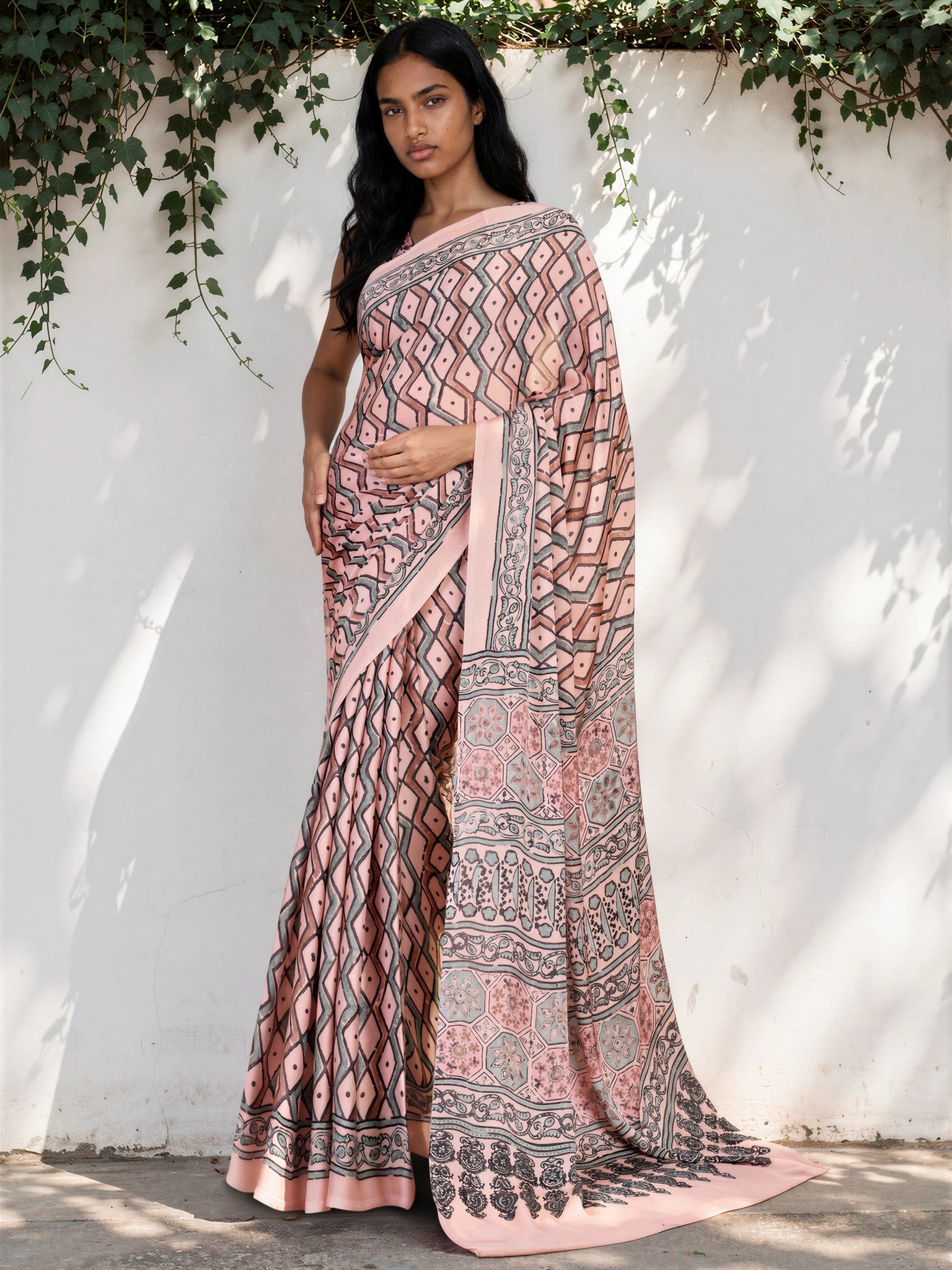 Taupe Brown Ethnic Motif Satin Georgette Saree