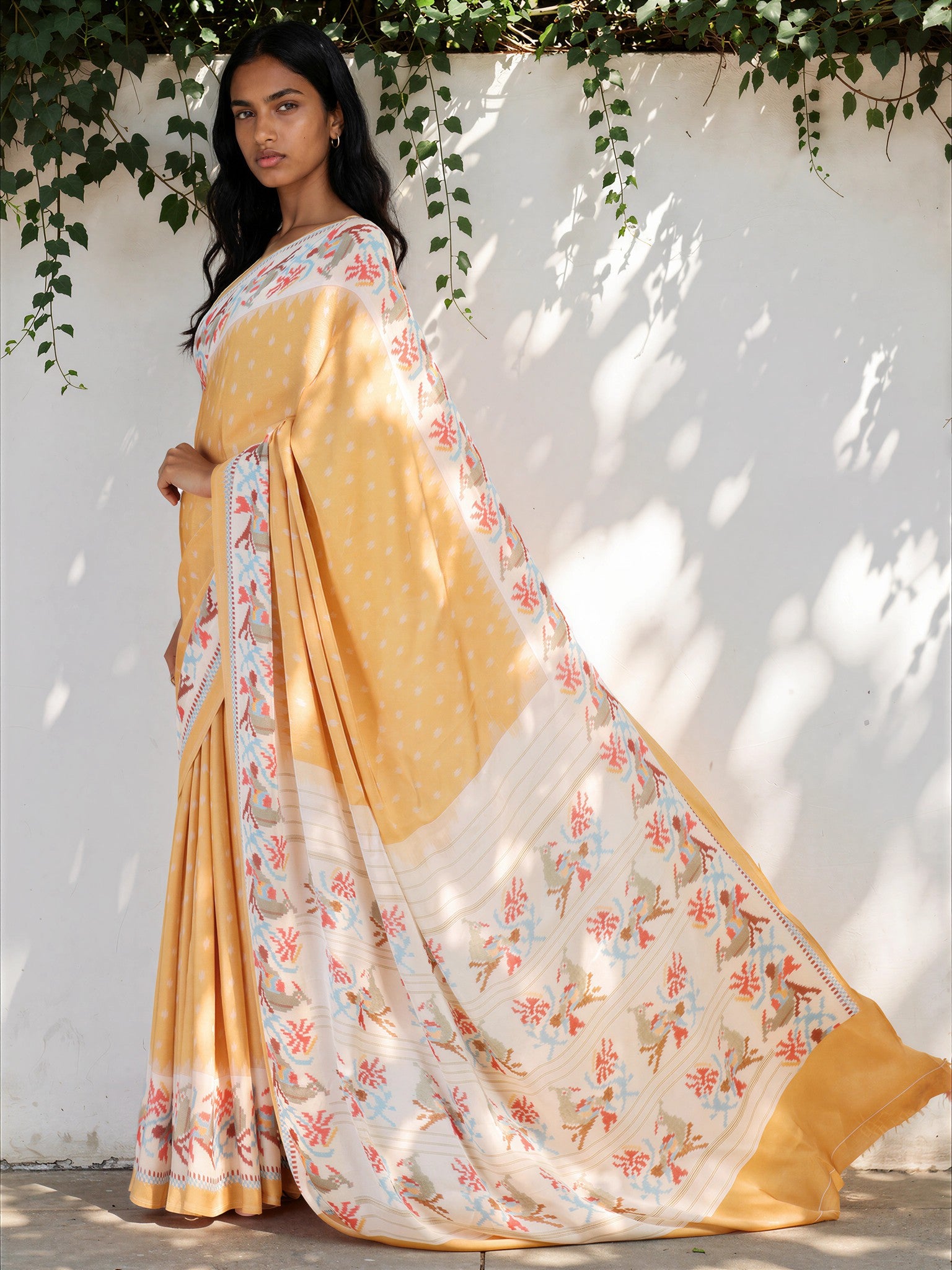 Cream White Ethnic Motif Satin Georgette Saree