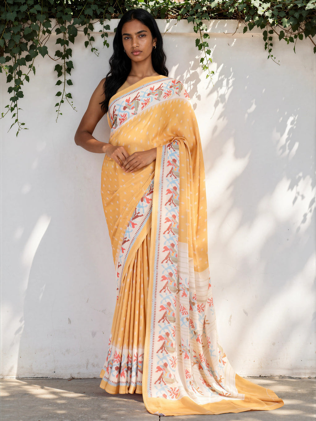 Cream White Ethnic Motif Satin Georgette Saree