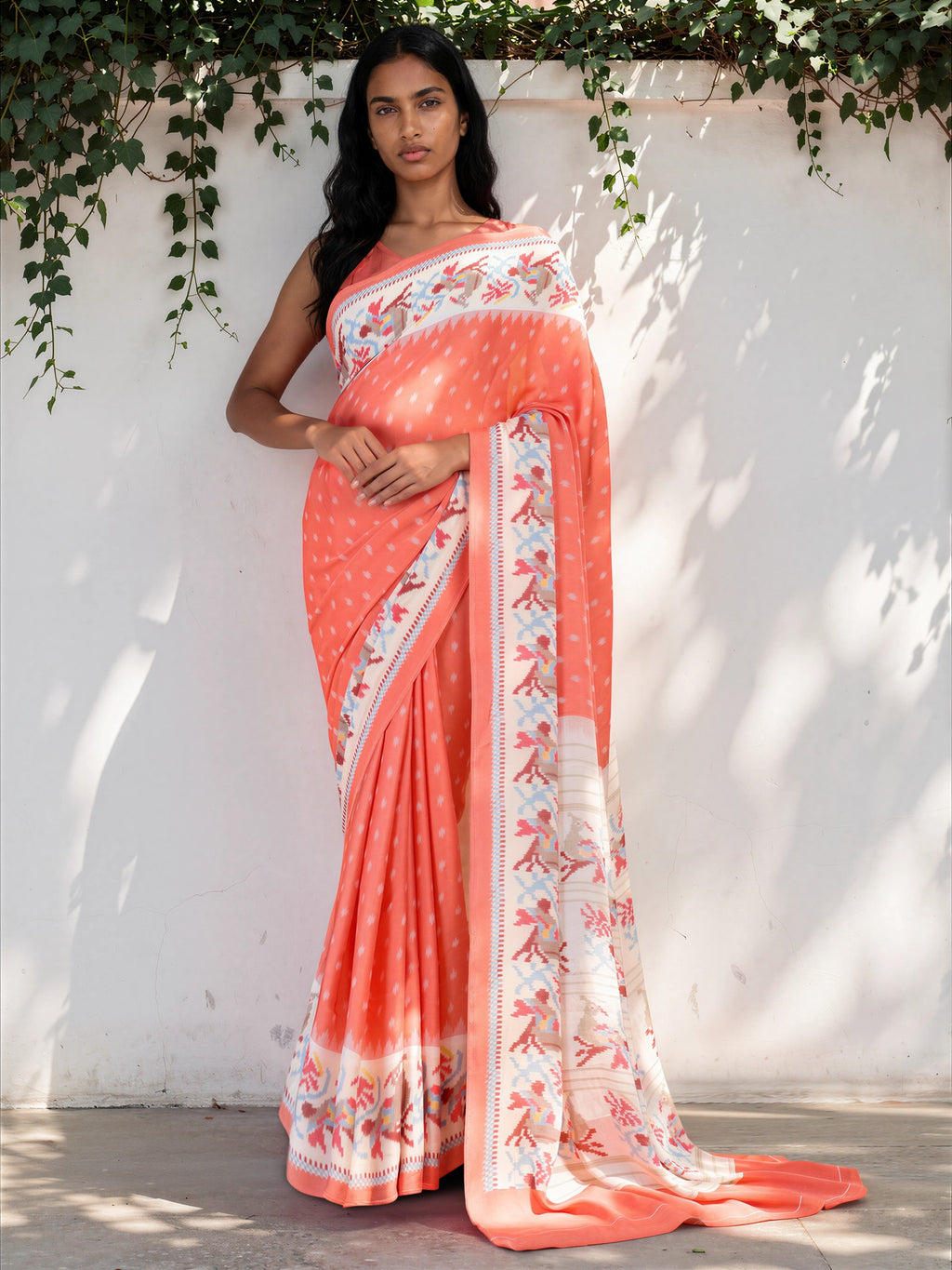 Salmon Pink Ethnic Motif Satin Georgette Saree