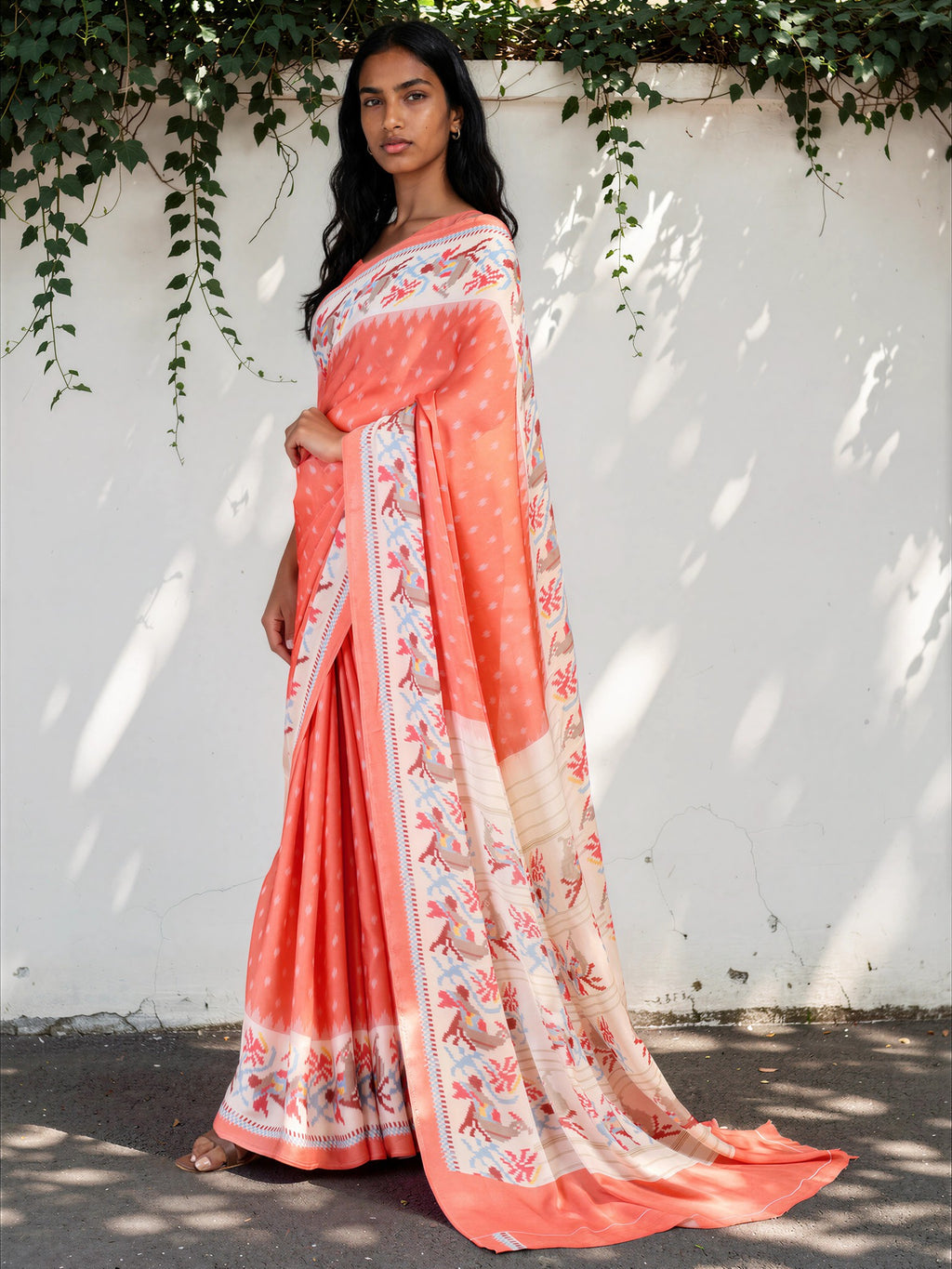 Salmon Pink Ethnic Motif Satin Georgette Saree