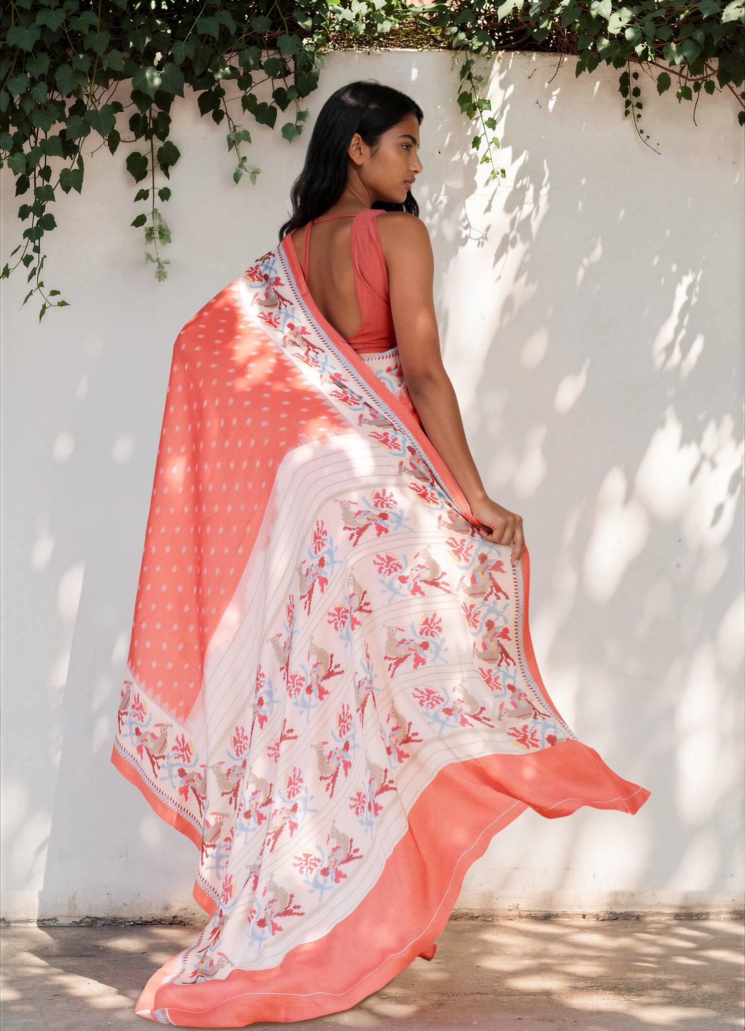 Salmon Pink Ethnic Motif Satin Georgette Saree