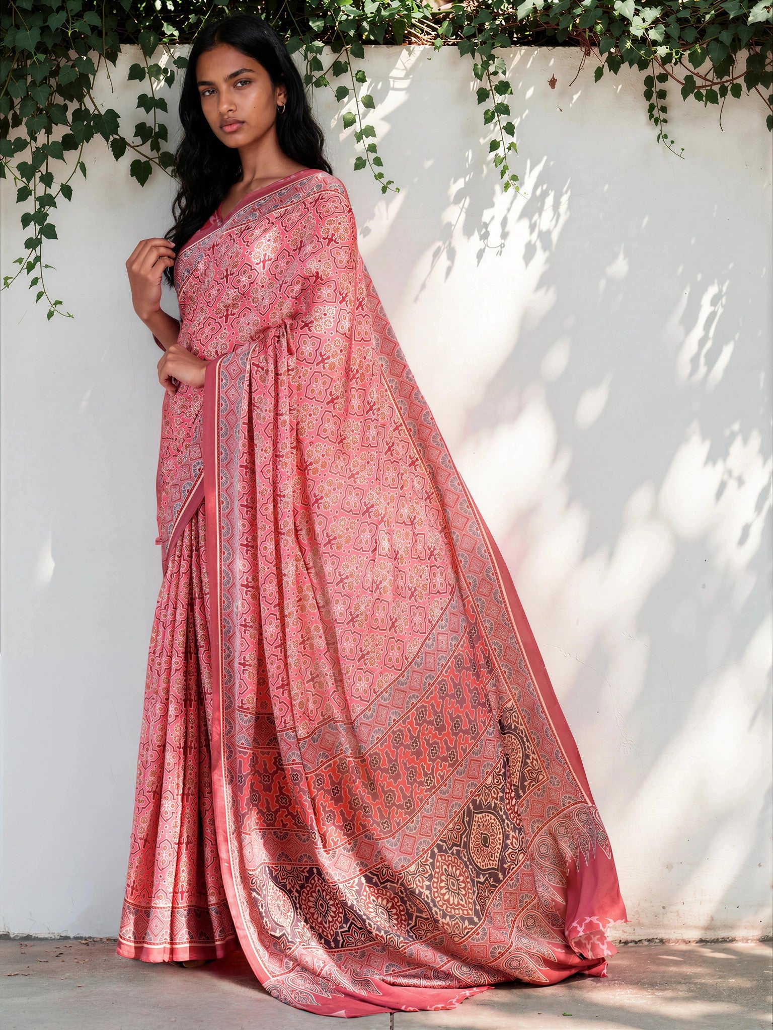 Magenta Pink Ethnic Motif Satin Georgette Saree