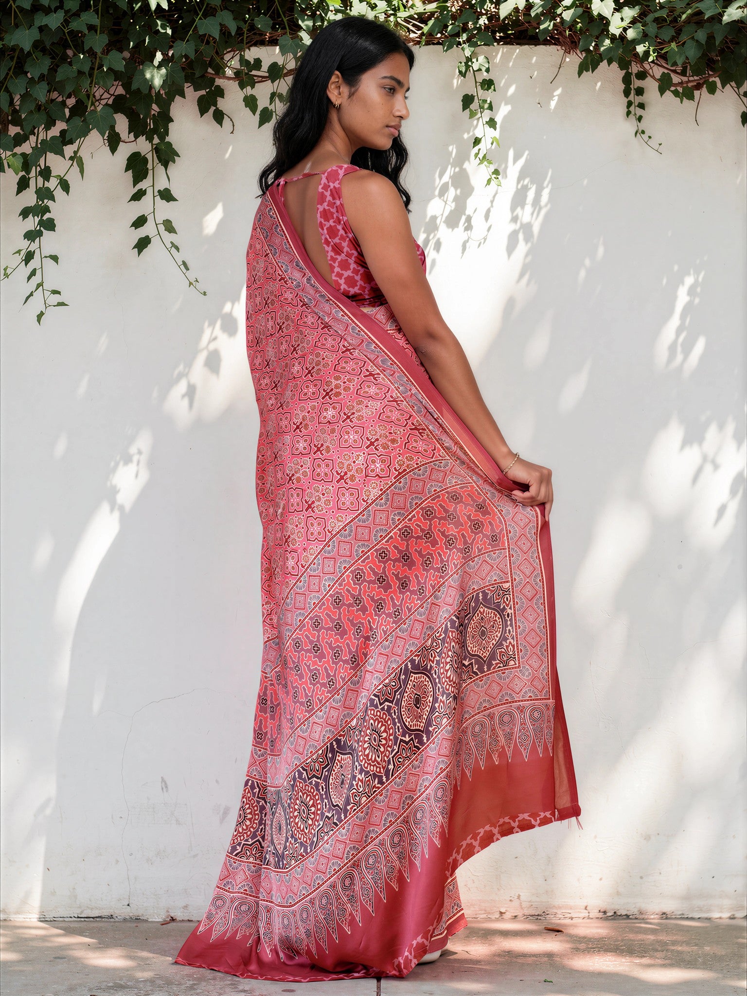 Magenta Pink Ethnic Motif Satin Georgette Saree