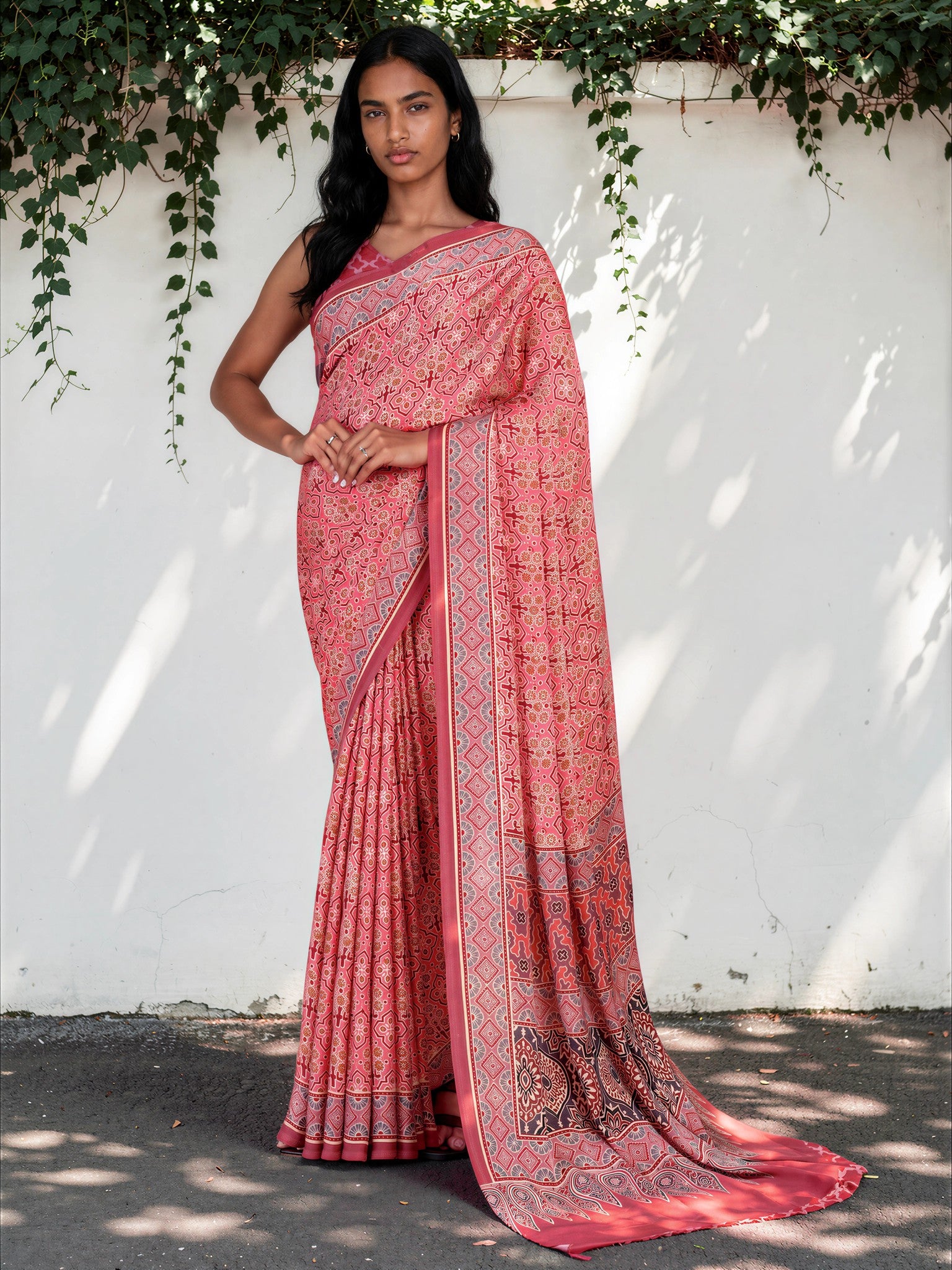 Magenta Pink Ethnic Motif Satin Georgette Saree