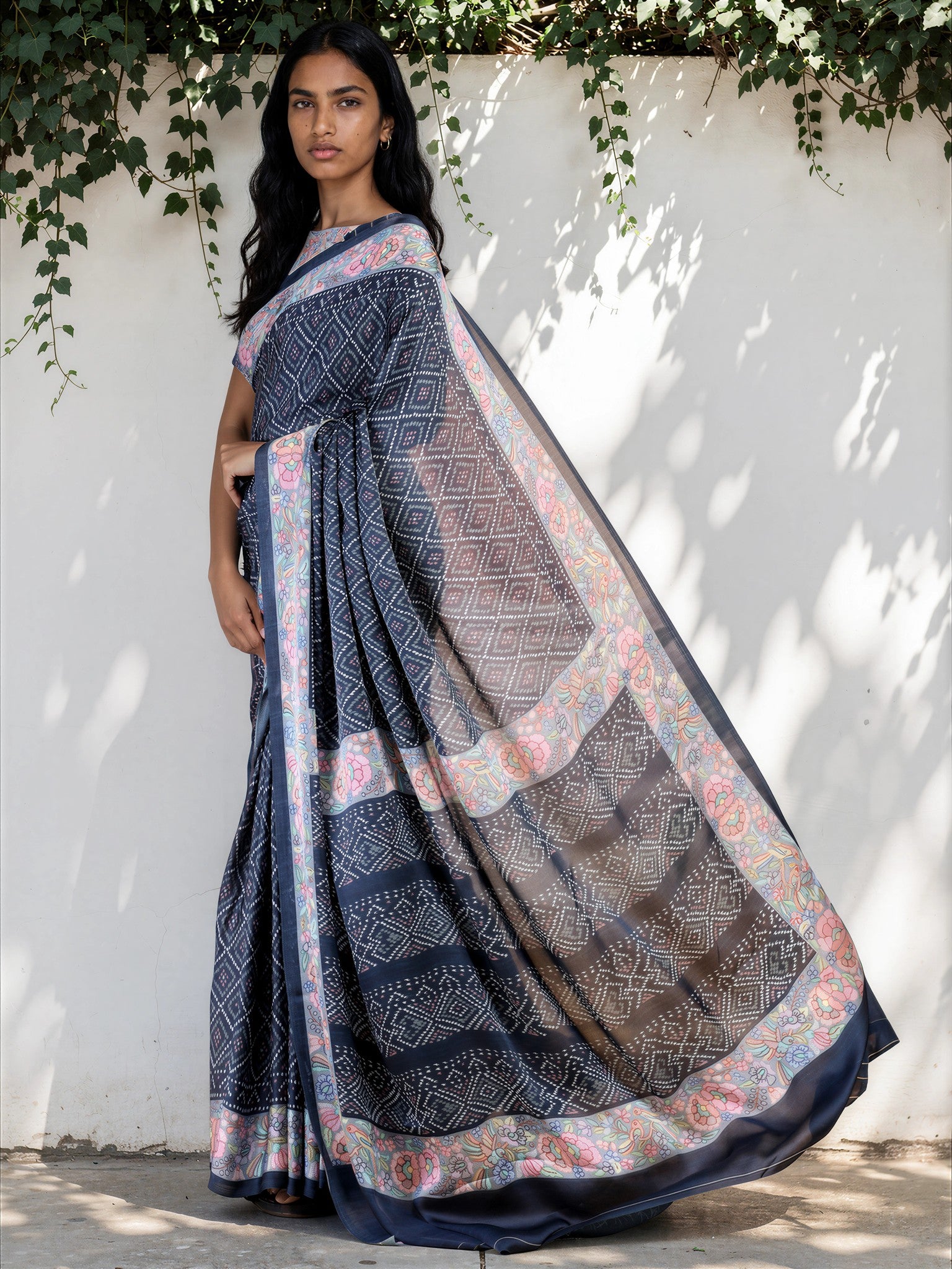 Slate Blue Ethnic Motif Satin Georgette Saree