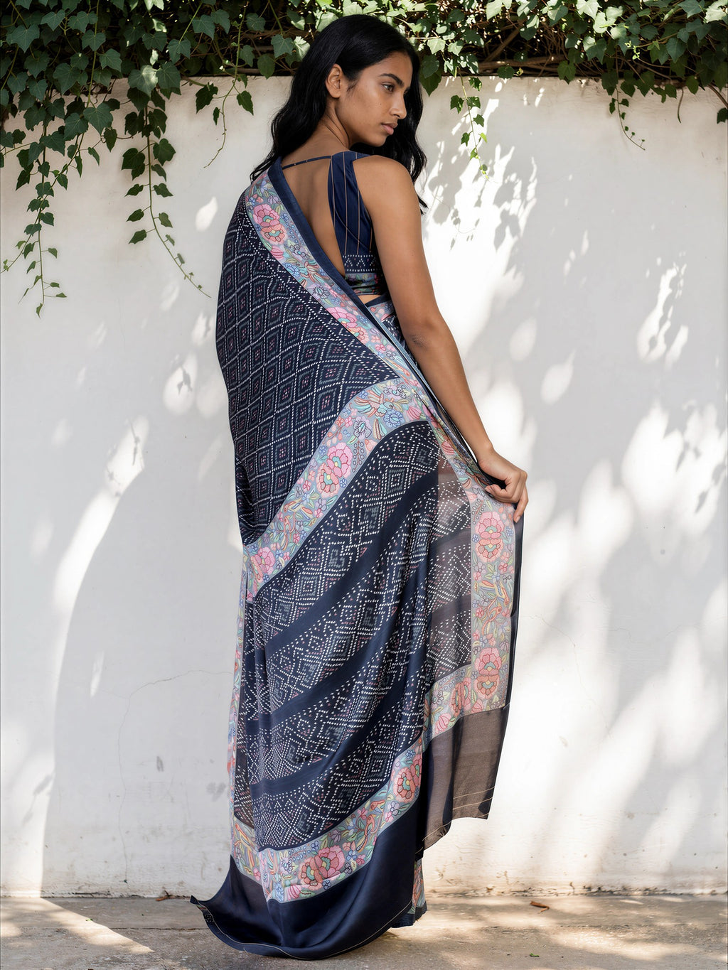 Slate Blue Ethnic Motif Satin Georgette Saree