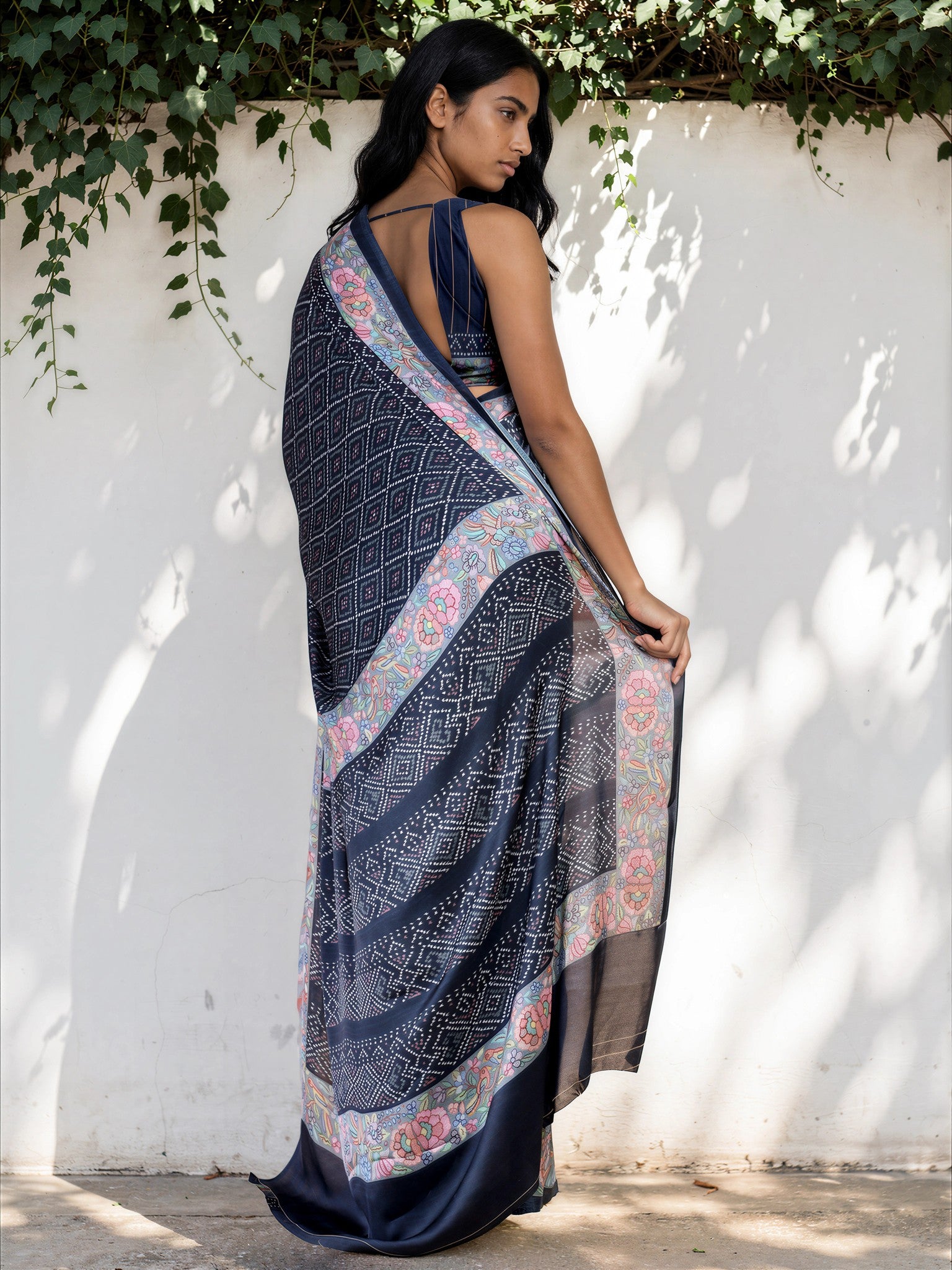 Slate Blue Ethnic Motif Satin Georgette Saree