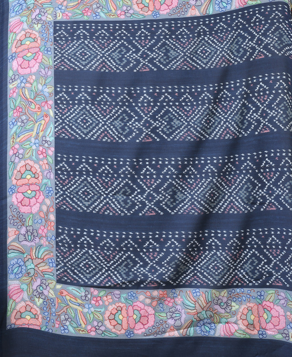 Slate Blue Ethnic Motif Satin Georgette Saree