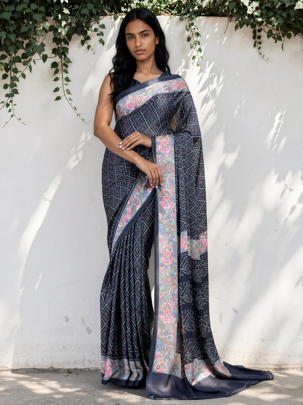 Slate Blue Ethnic Motif Satin Georgette Saree