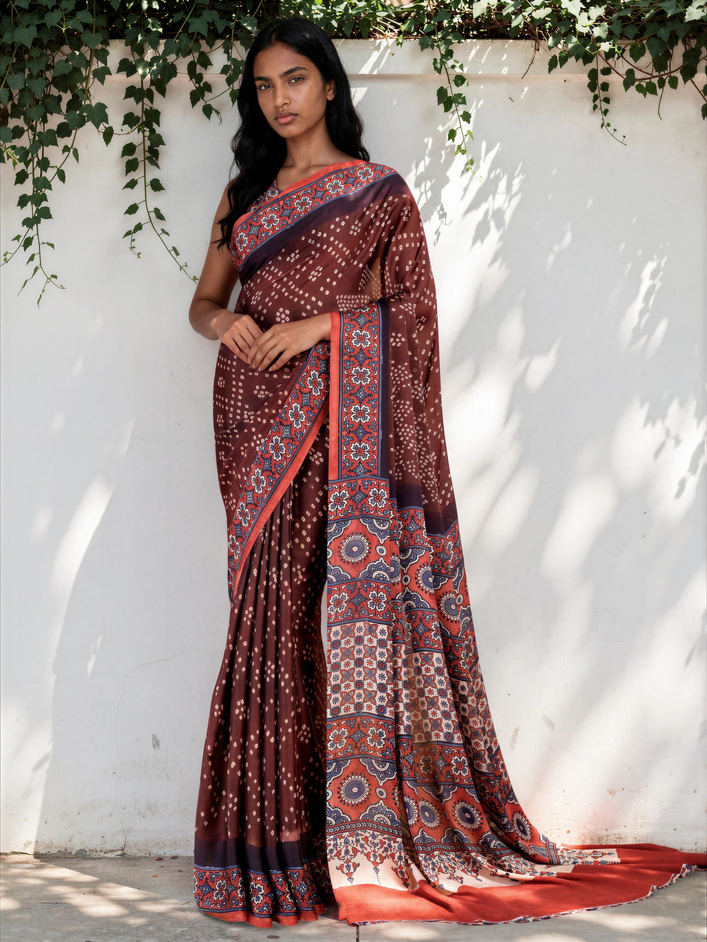 Wine Red Ethnic Motif Satin Georgette Saree