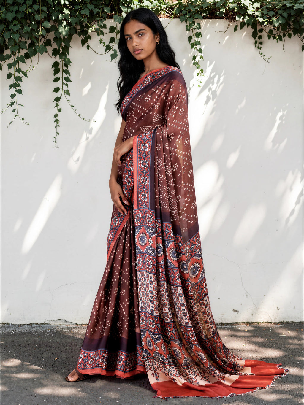 Wine Red Ethnic Motif Satin Georgette Saree